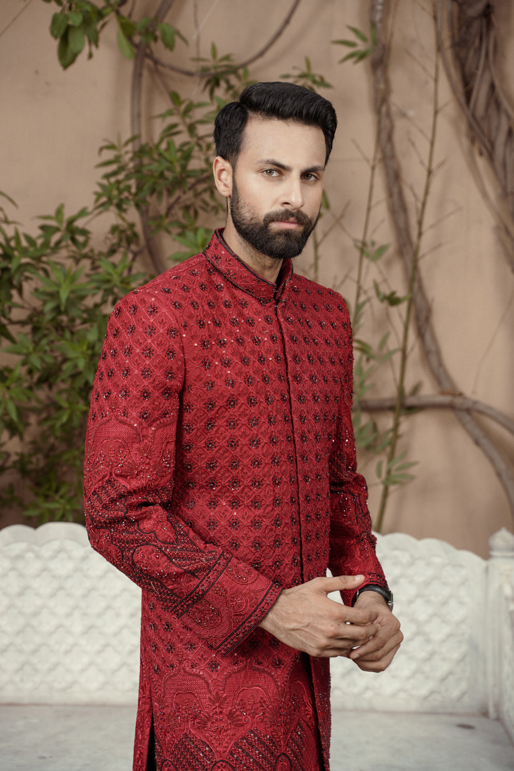 Crimson ruby embroidered Sherwani