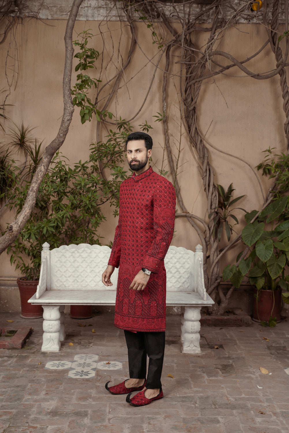 Crimson ruby embroidered Sherwani