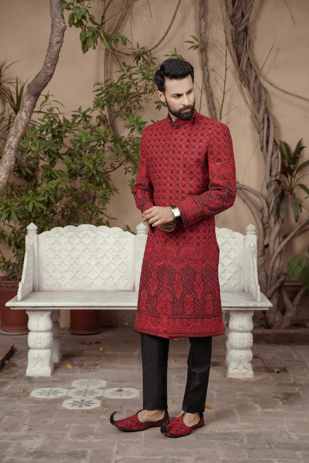 Crimson ruby embroidered Sherwani