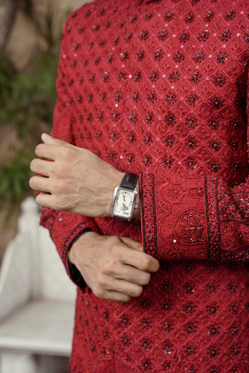 Crimson ruby embroidered Sherwani