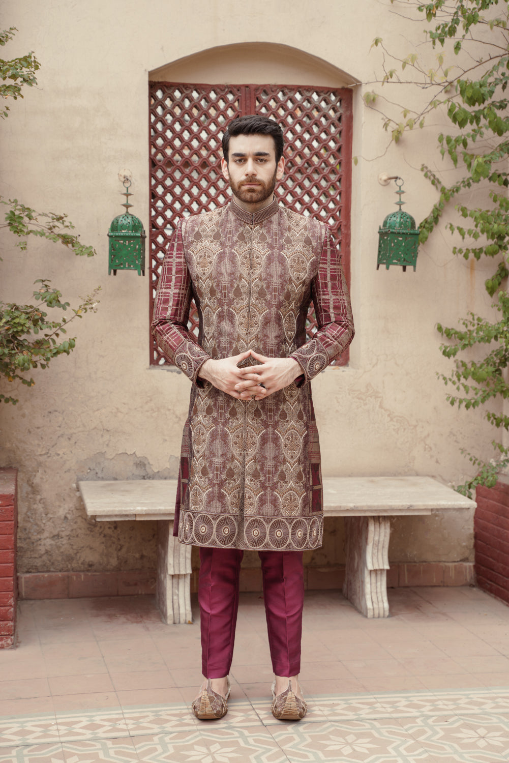 Royal Maroon Hand embellished sherwani with matching trouser