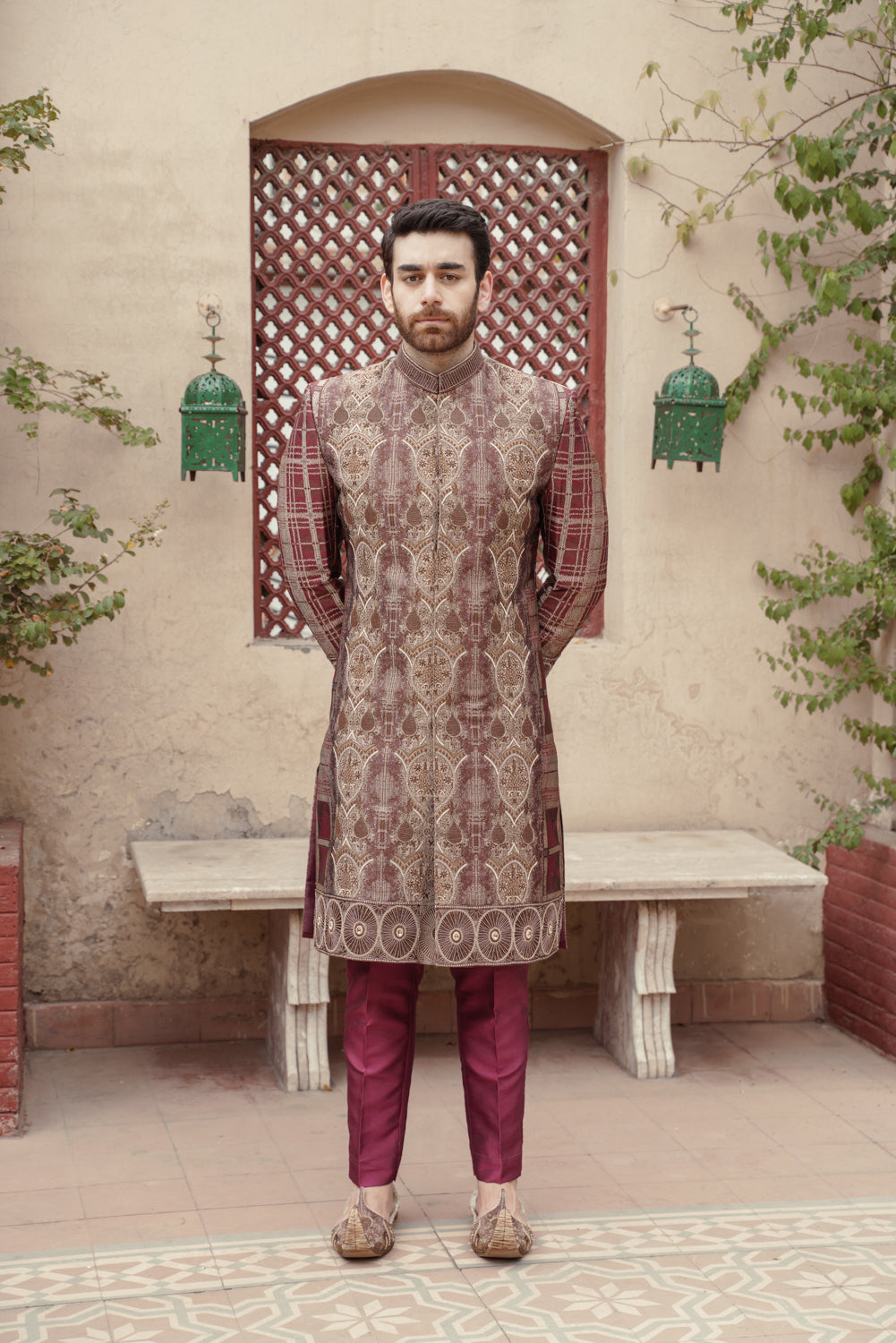 Royal Maroon Hand embellished sherwani with matching trouser