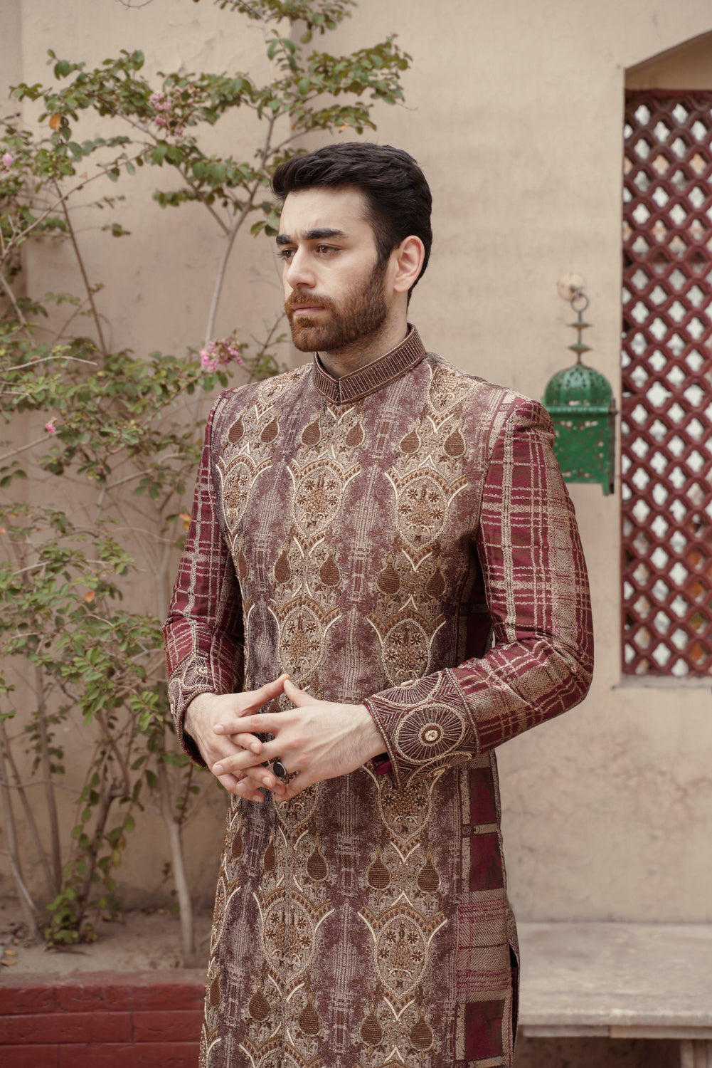 Royal Maroon Hand embellished sherwani with matching trouser