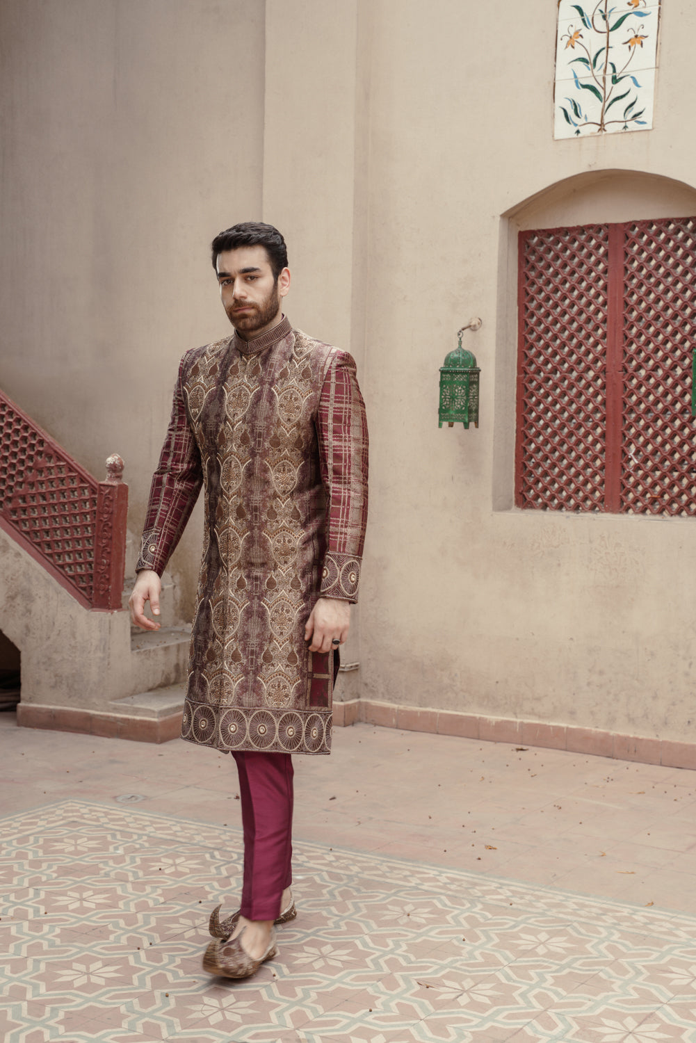 Royal Maroon Hand embellished sherwani with matching trouser