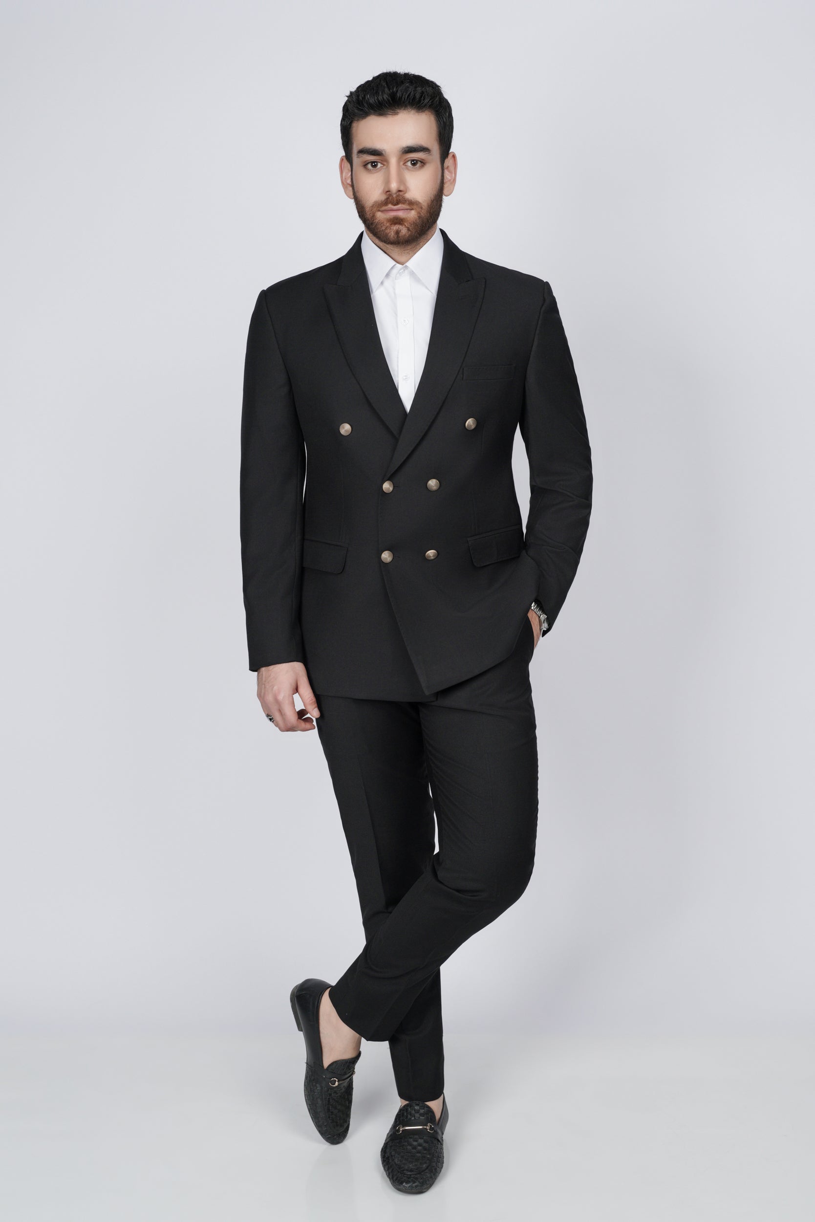 Solid black six button two piece suit