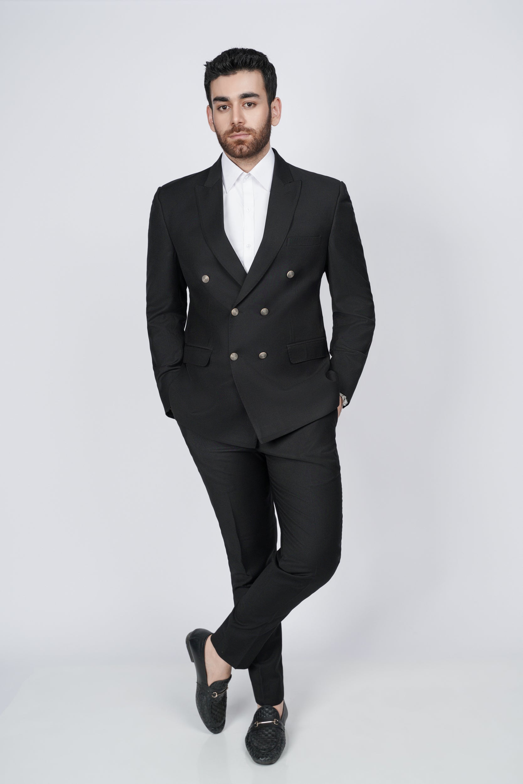 Solid black six button two piece suit