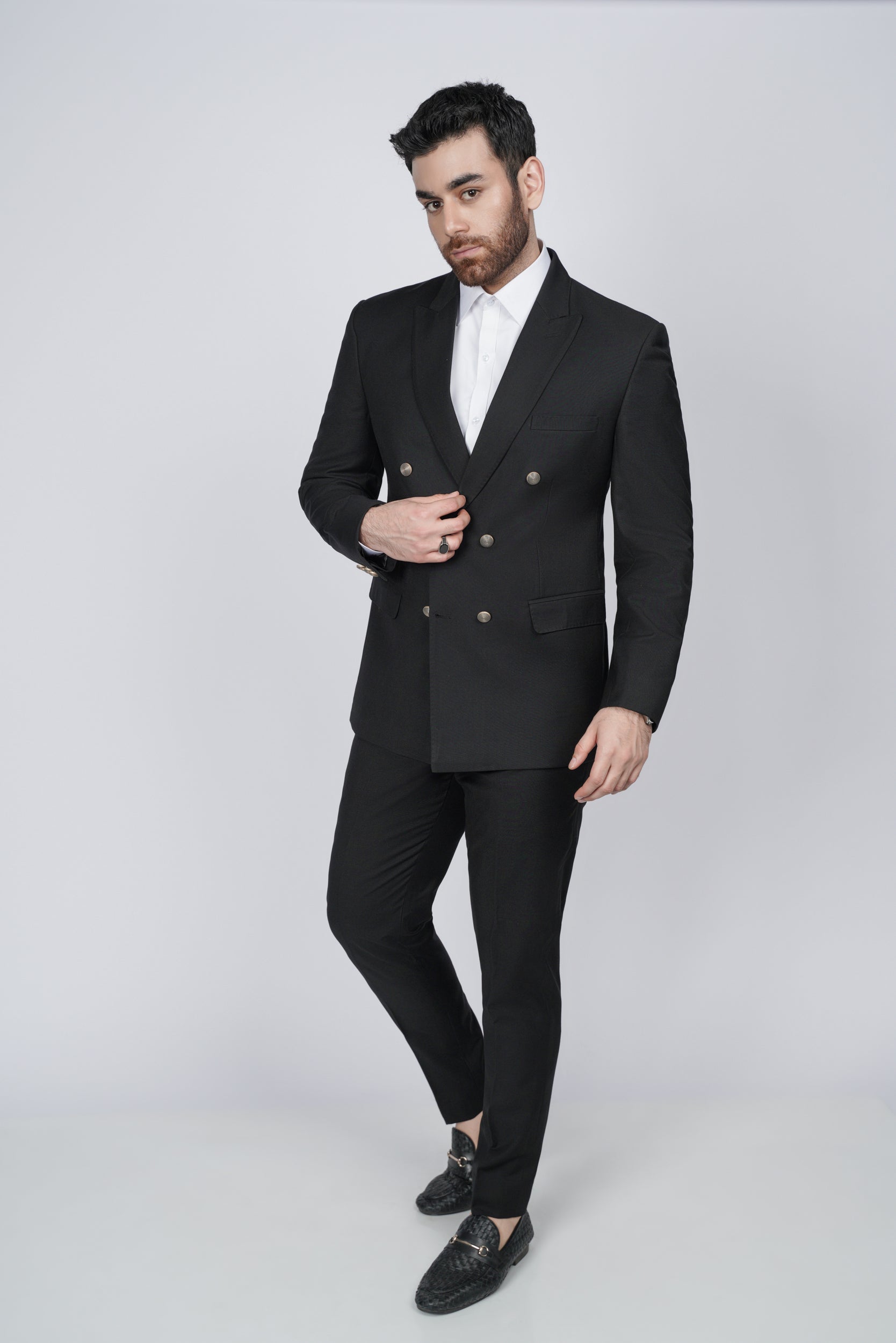 Solid black six button two piece suit