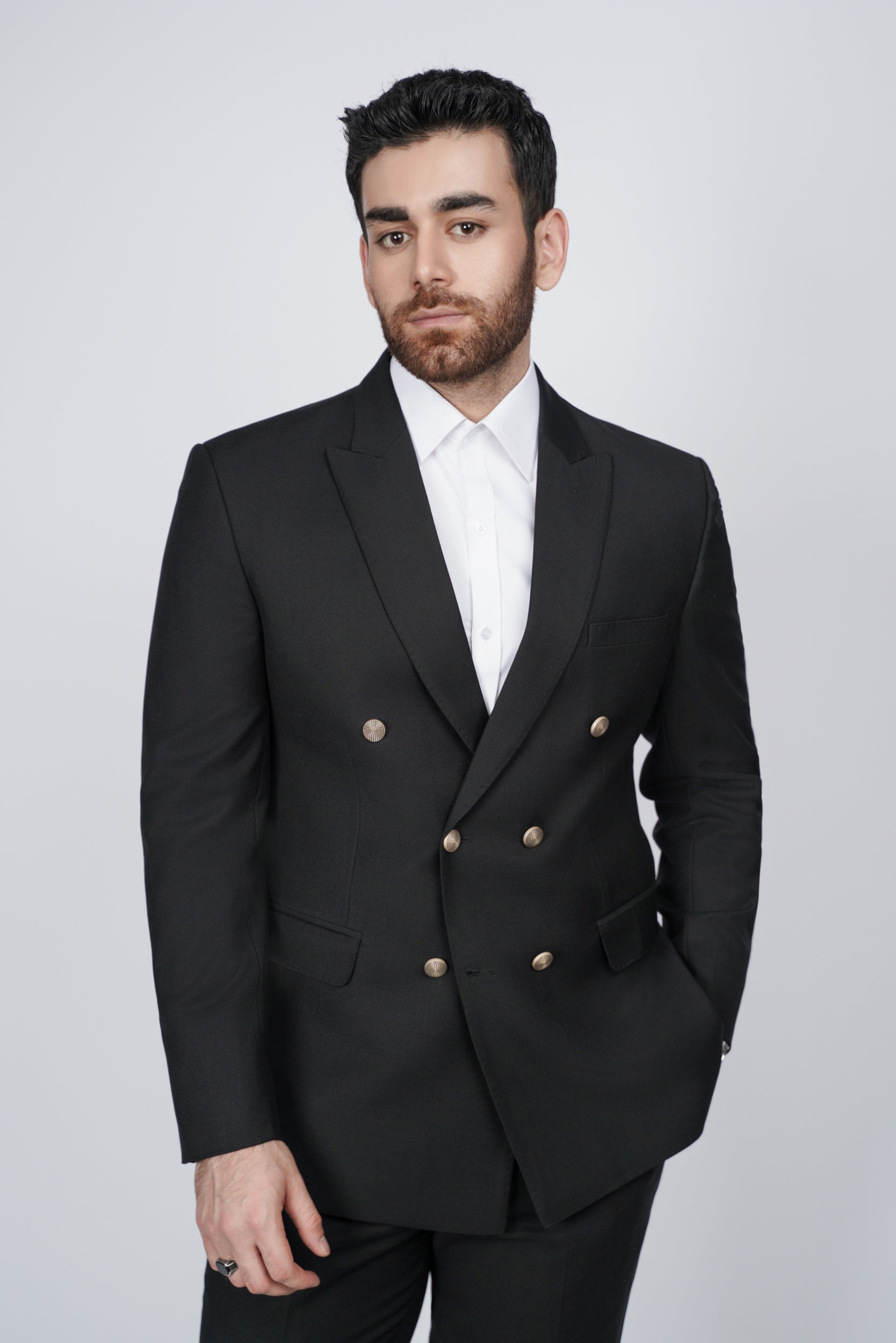 Solid black six button two piece suit