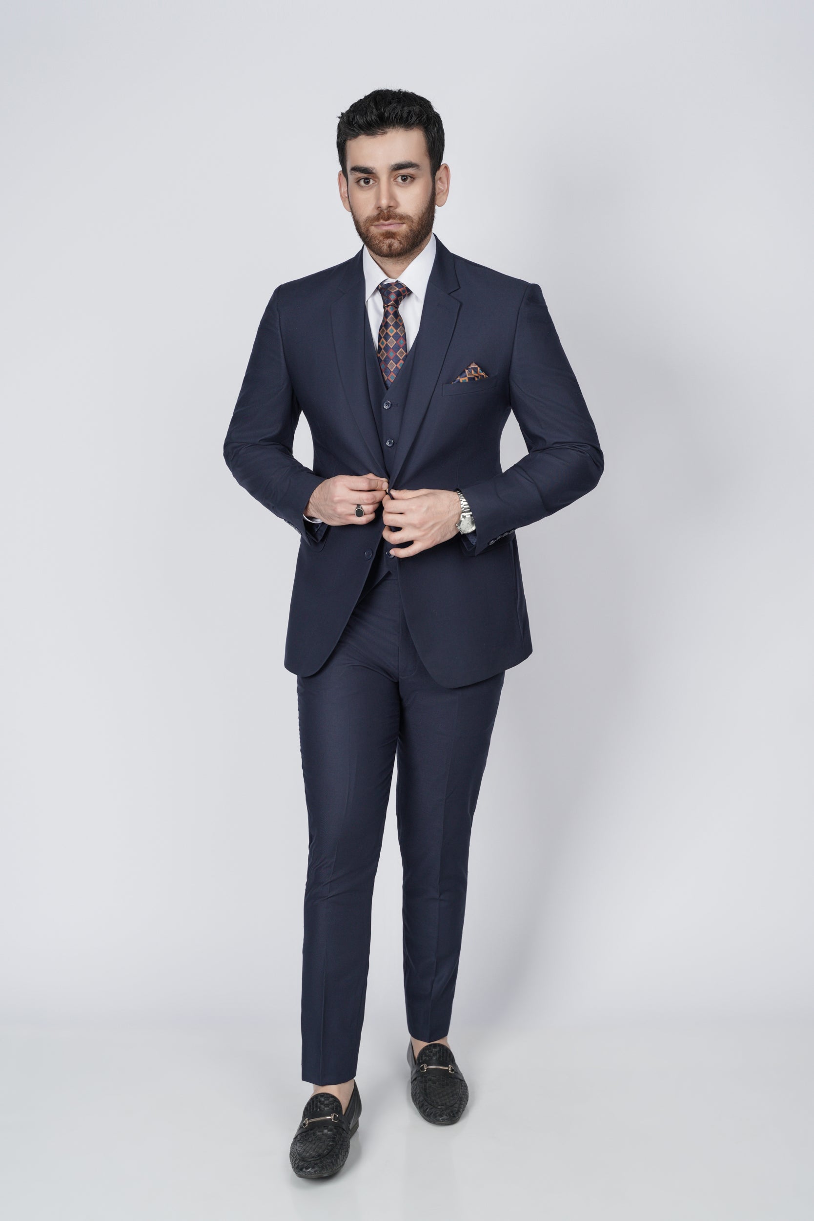 Navy blue three piece suit