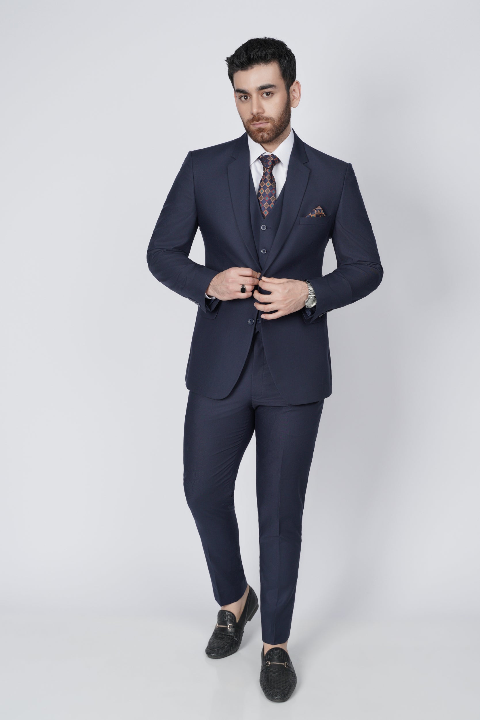 Navy blue three piece suit