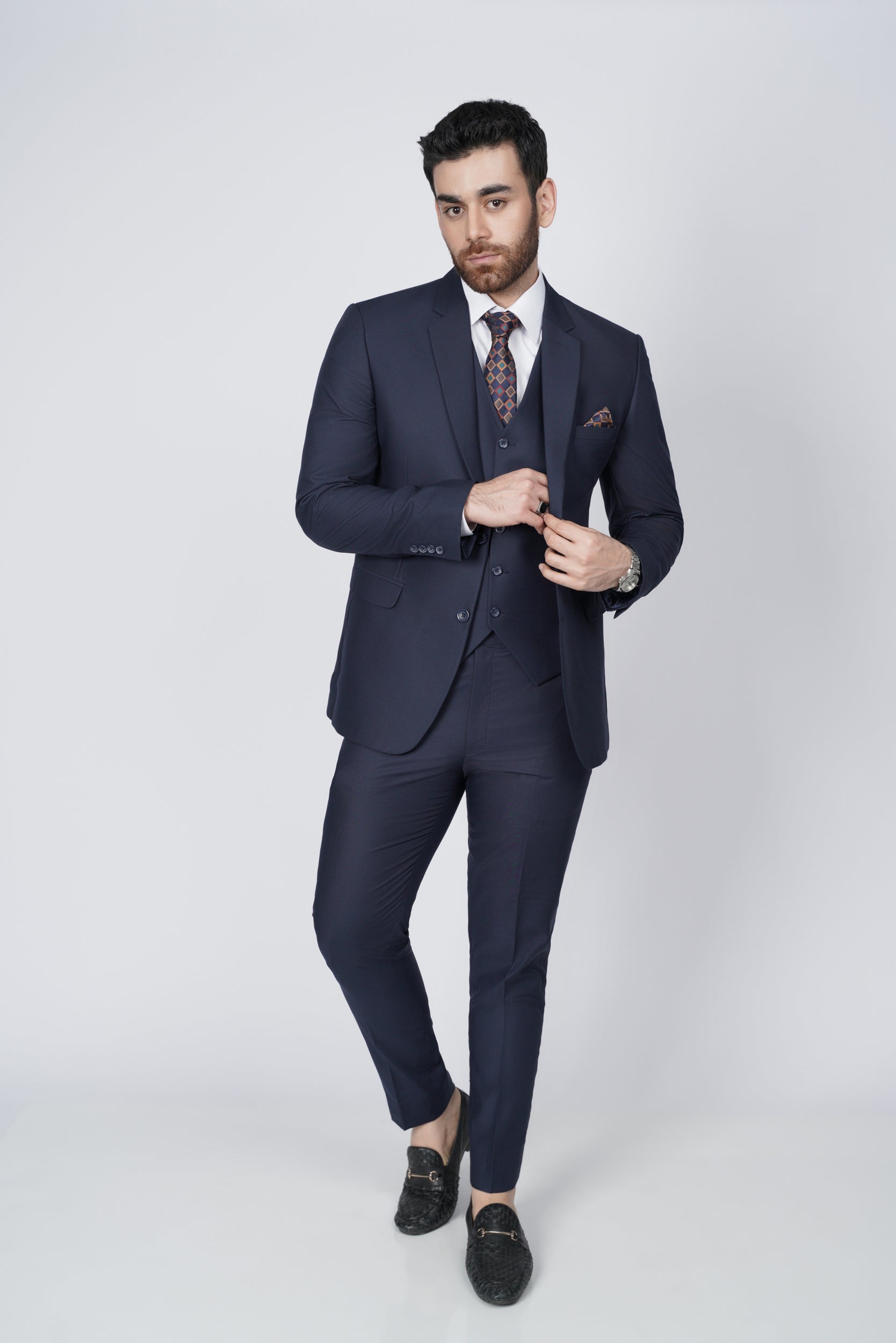 Navy blue three piece suit