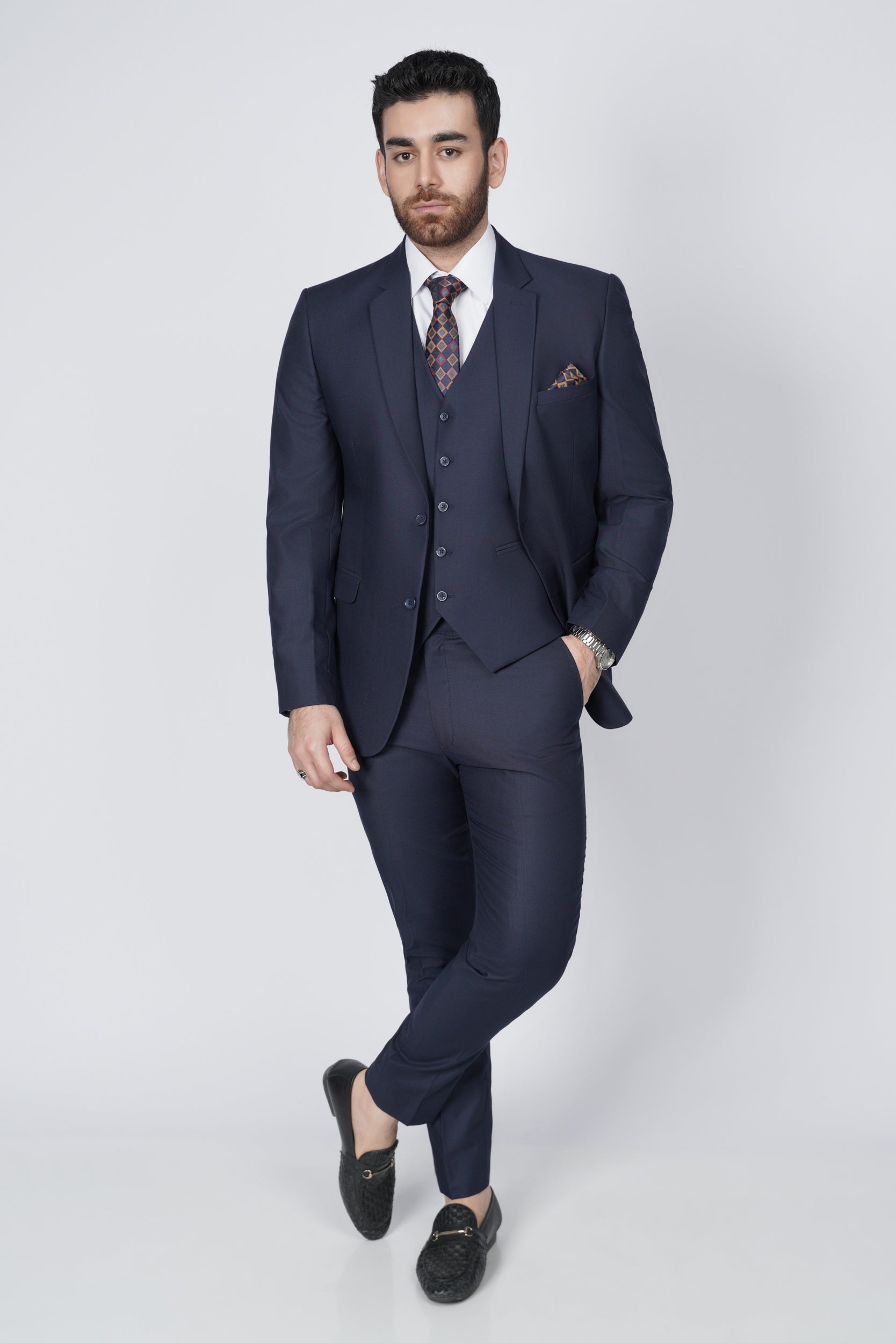 Navy blue three piece suit