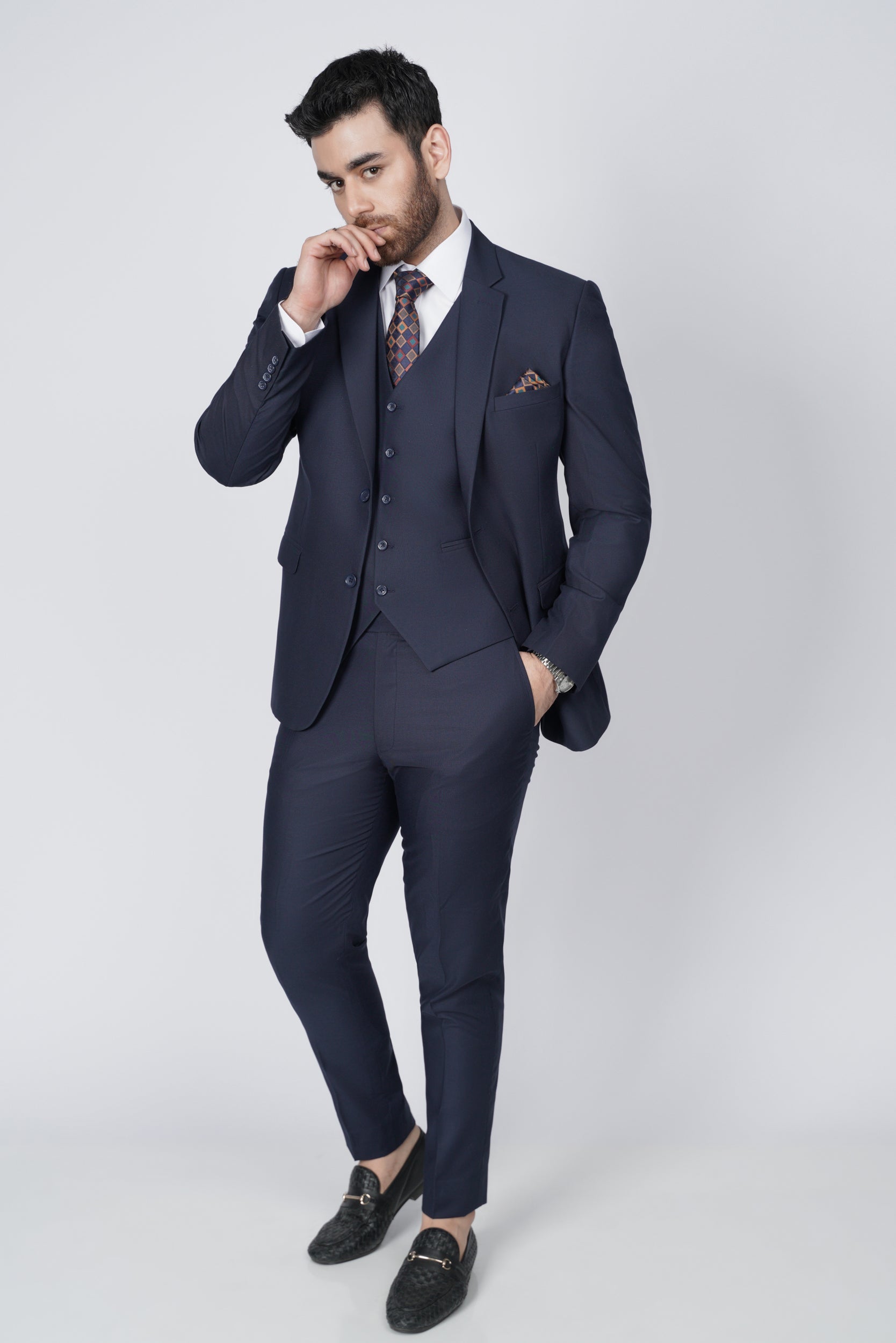 Navy blue three piece suit