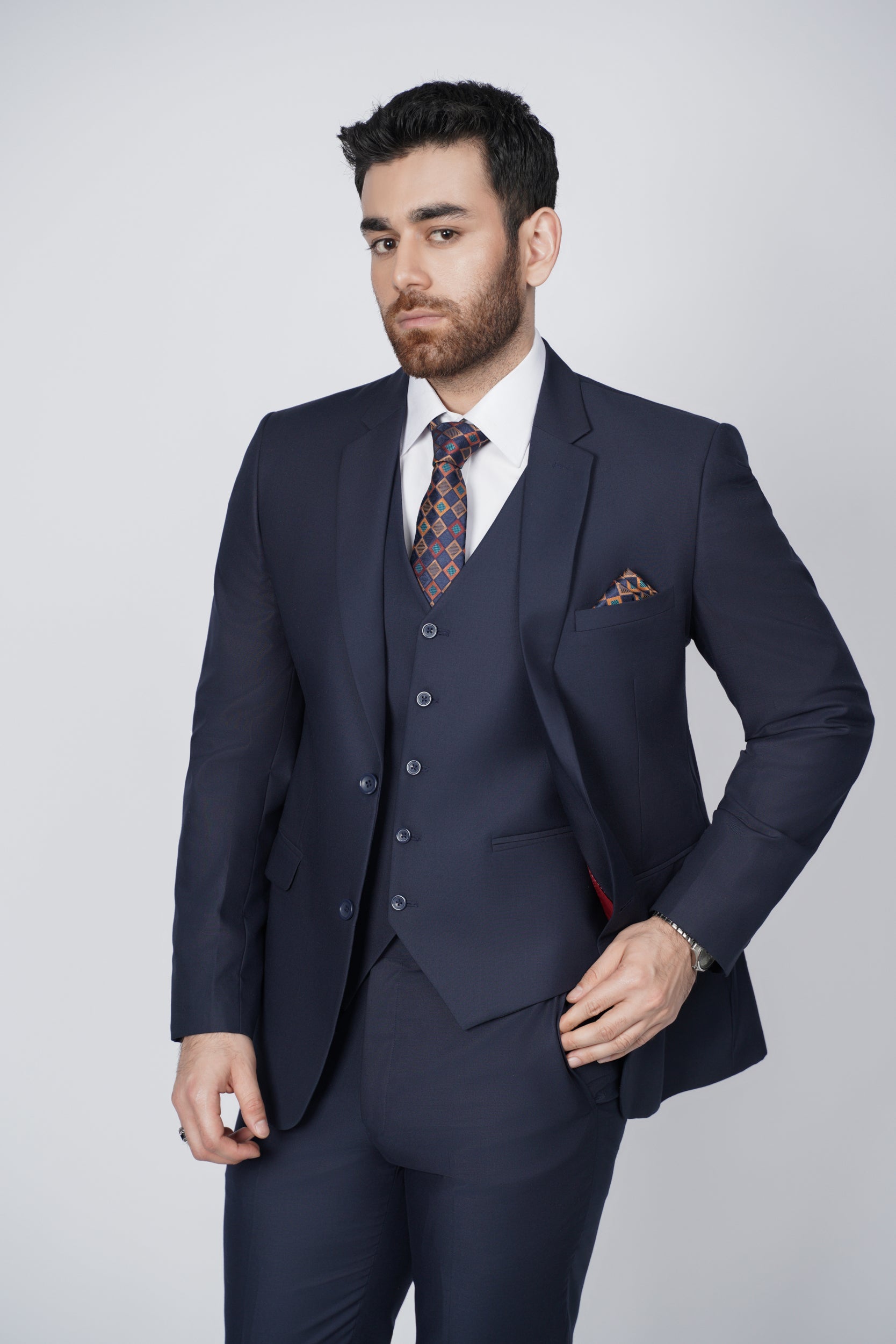 Navy blue three piece suit