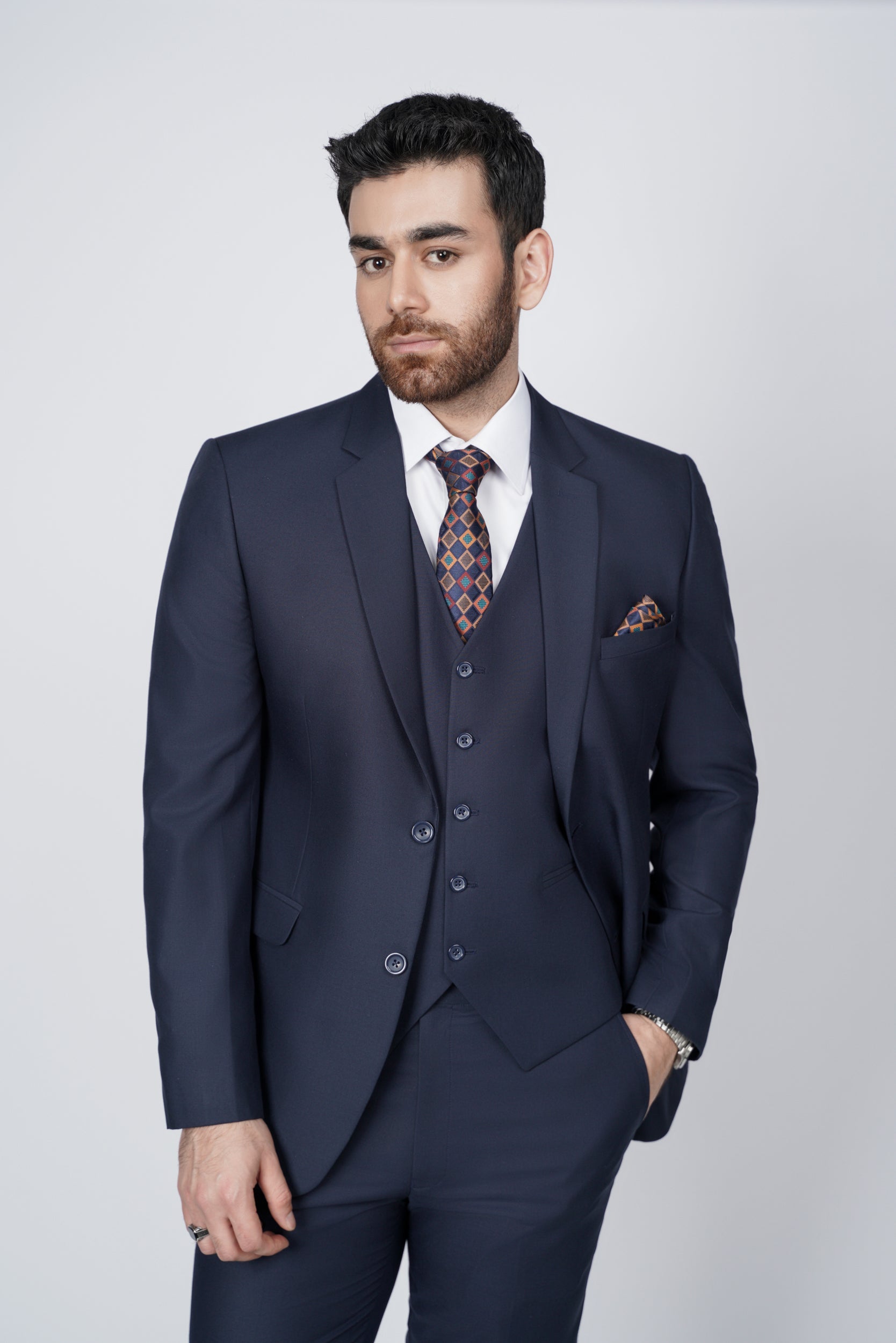 Navy blue three piece suit