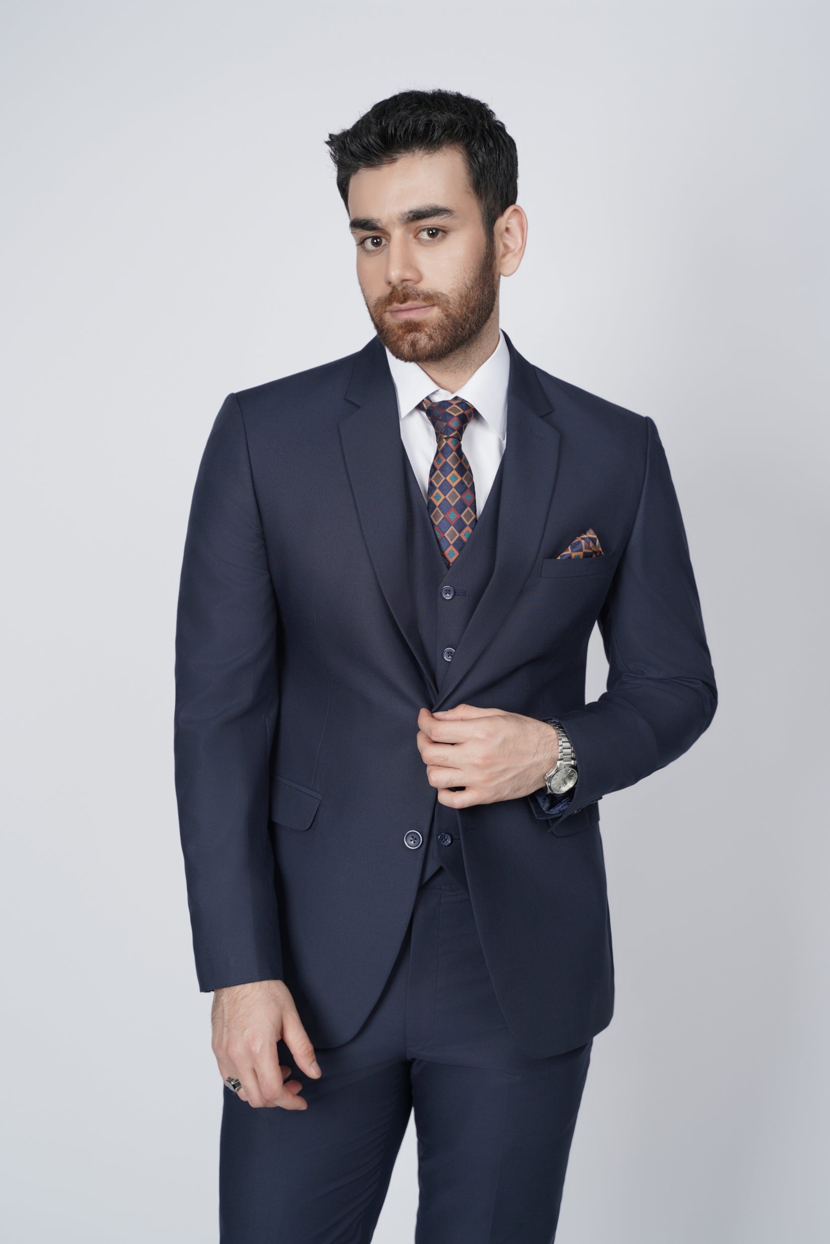 Navy blue three piece suit