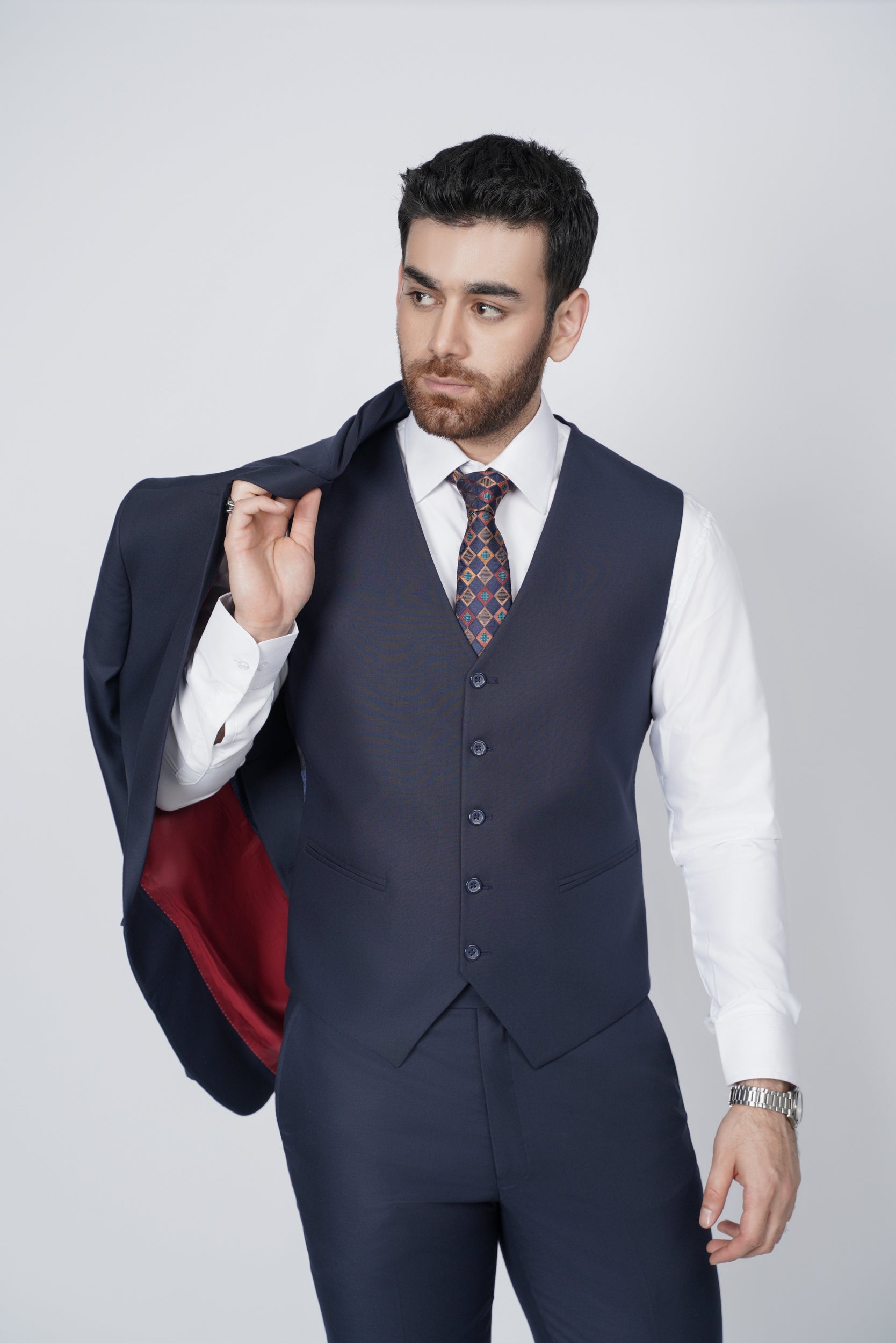 Navy blue three piece suit