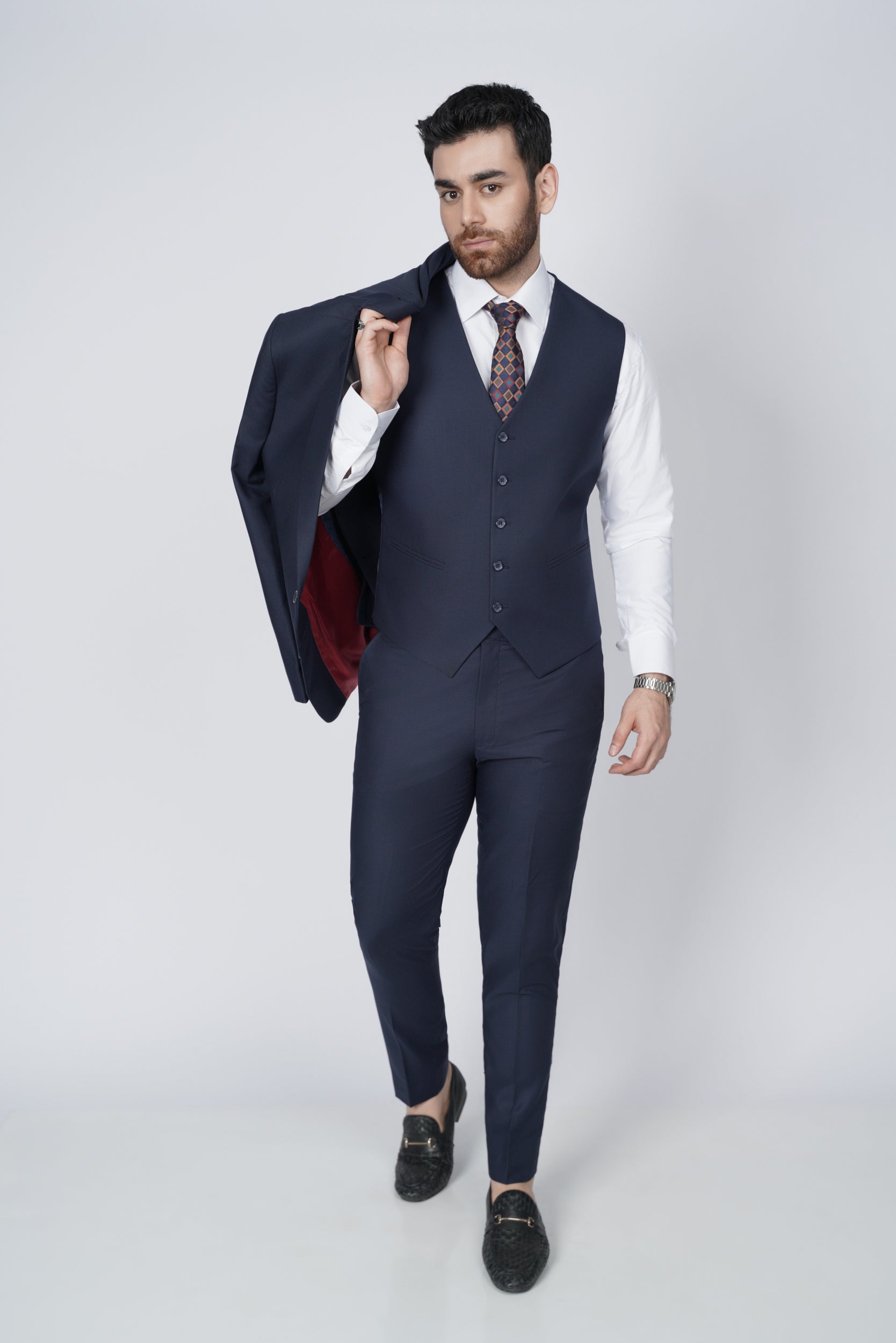 Navy blue three piece suit