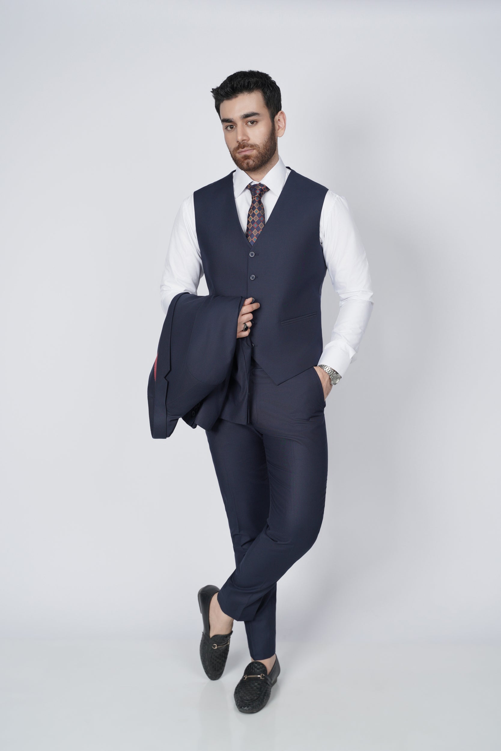 Navy blue three piece suit