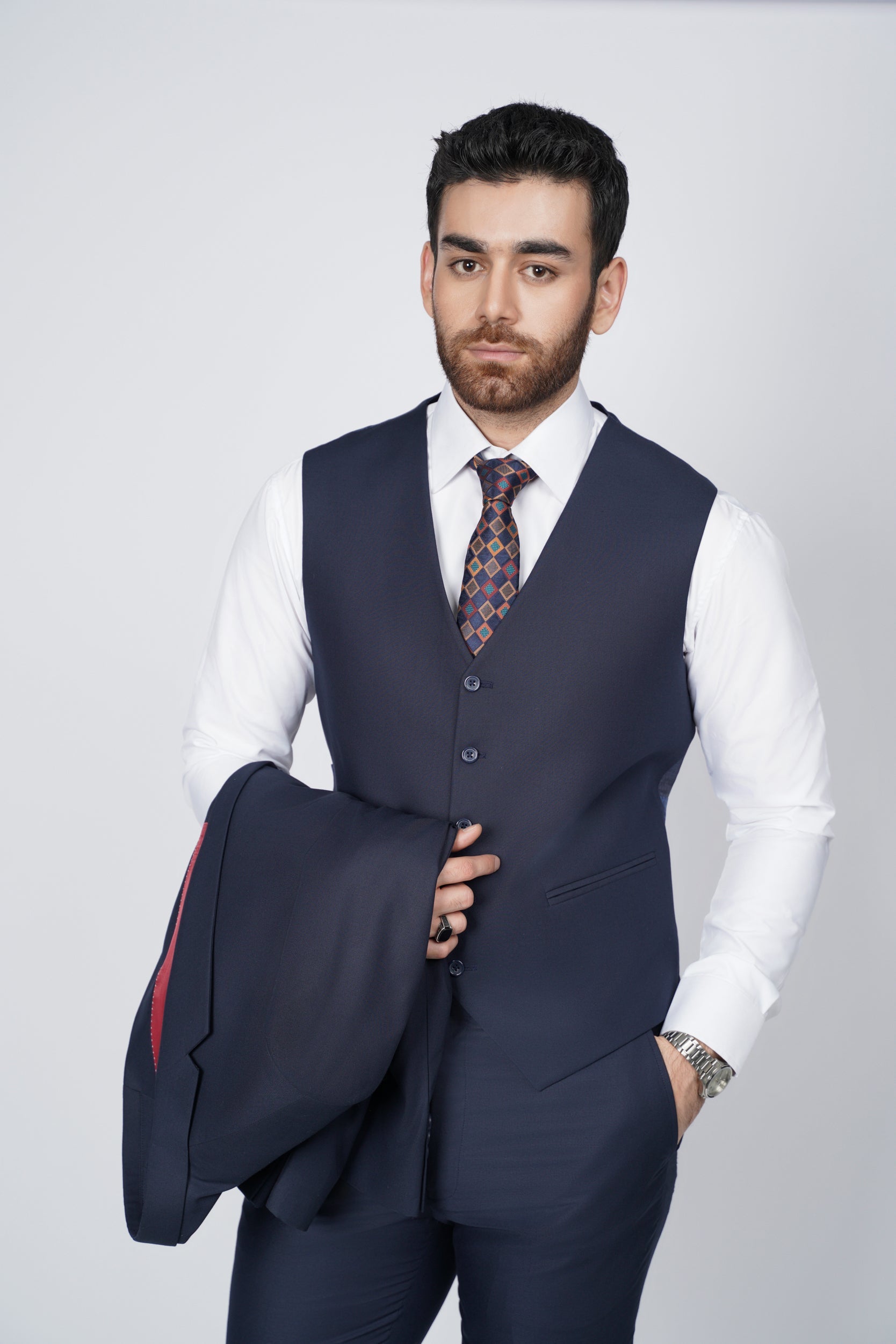 Navy blue three piece suit