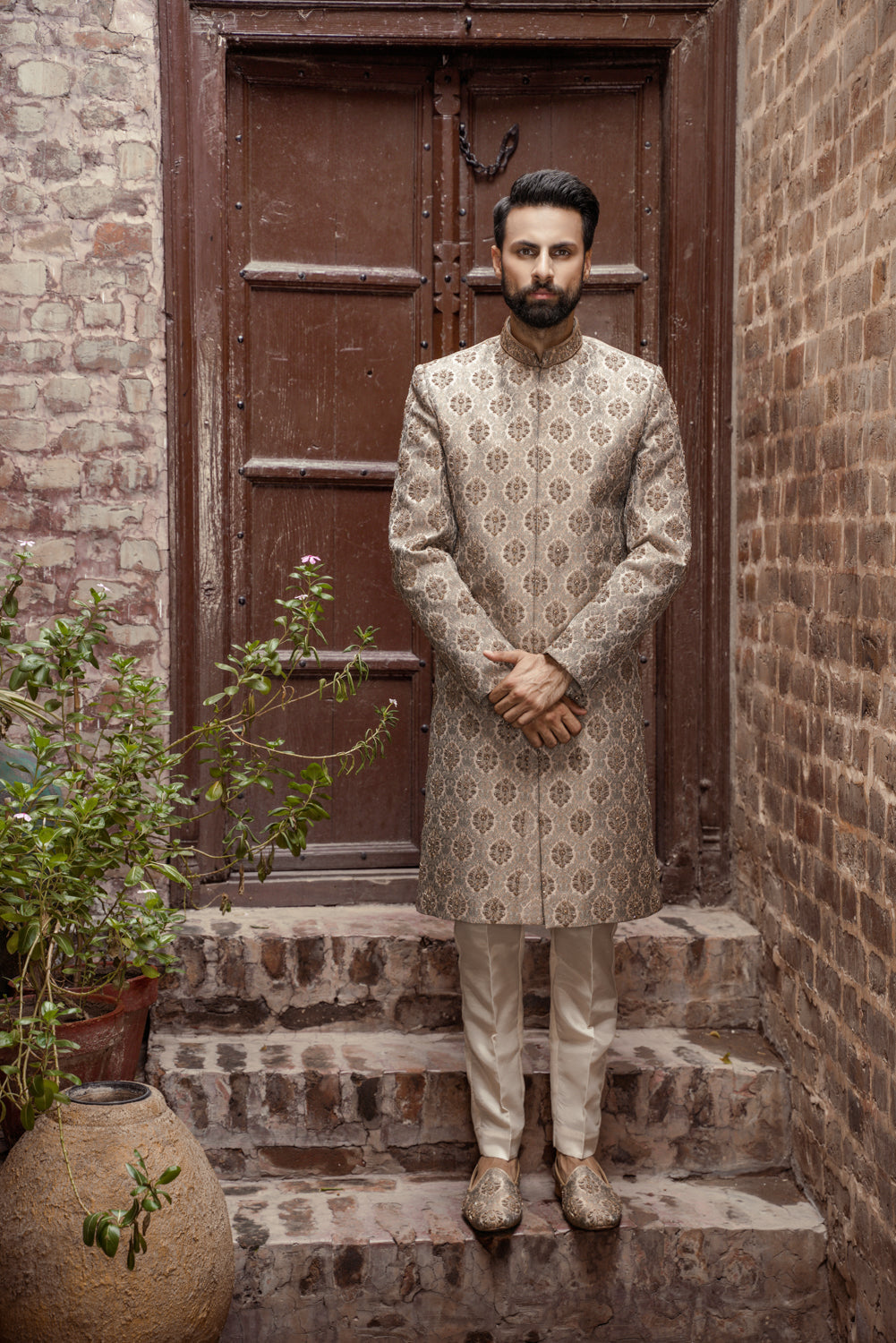 Gray brown hand embellished Sherwani