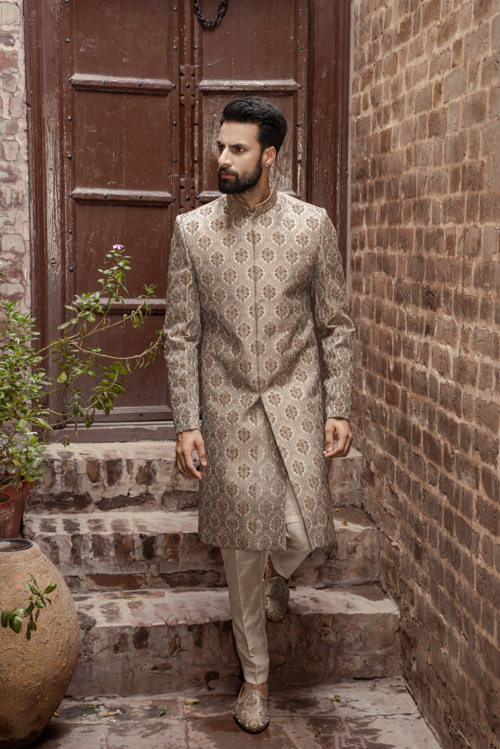 Gray brown hand embellished Sherwani