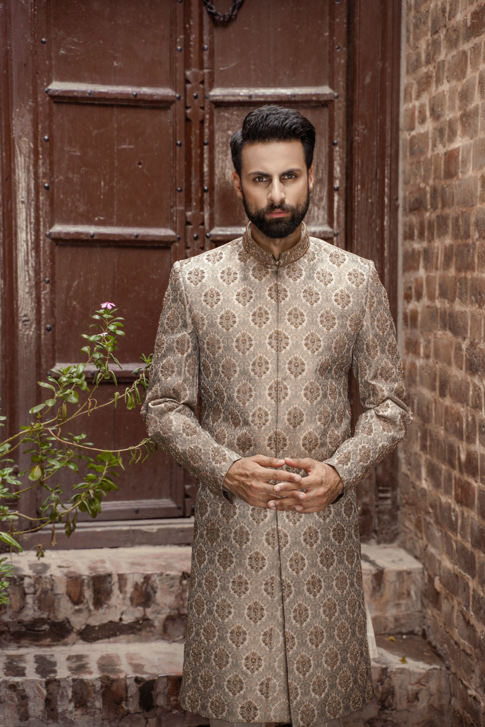 Gray brown hand embellished Sherwani