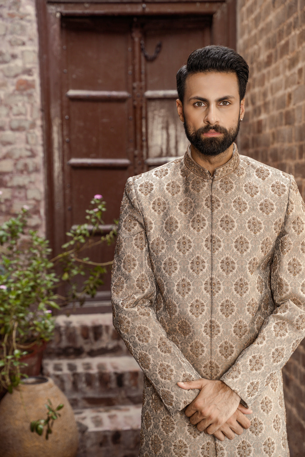 Gray brown hand embellished Sherwani