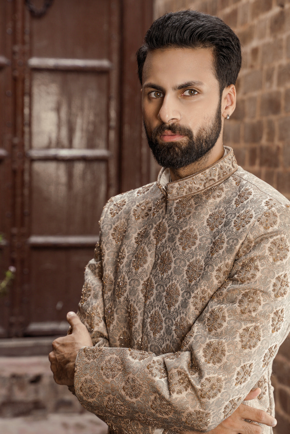 Gray brown hand embellished Sherwani