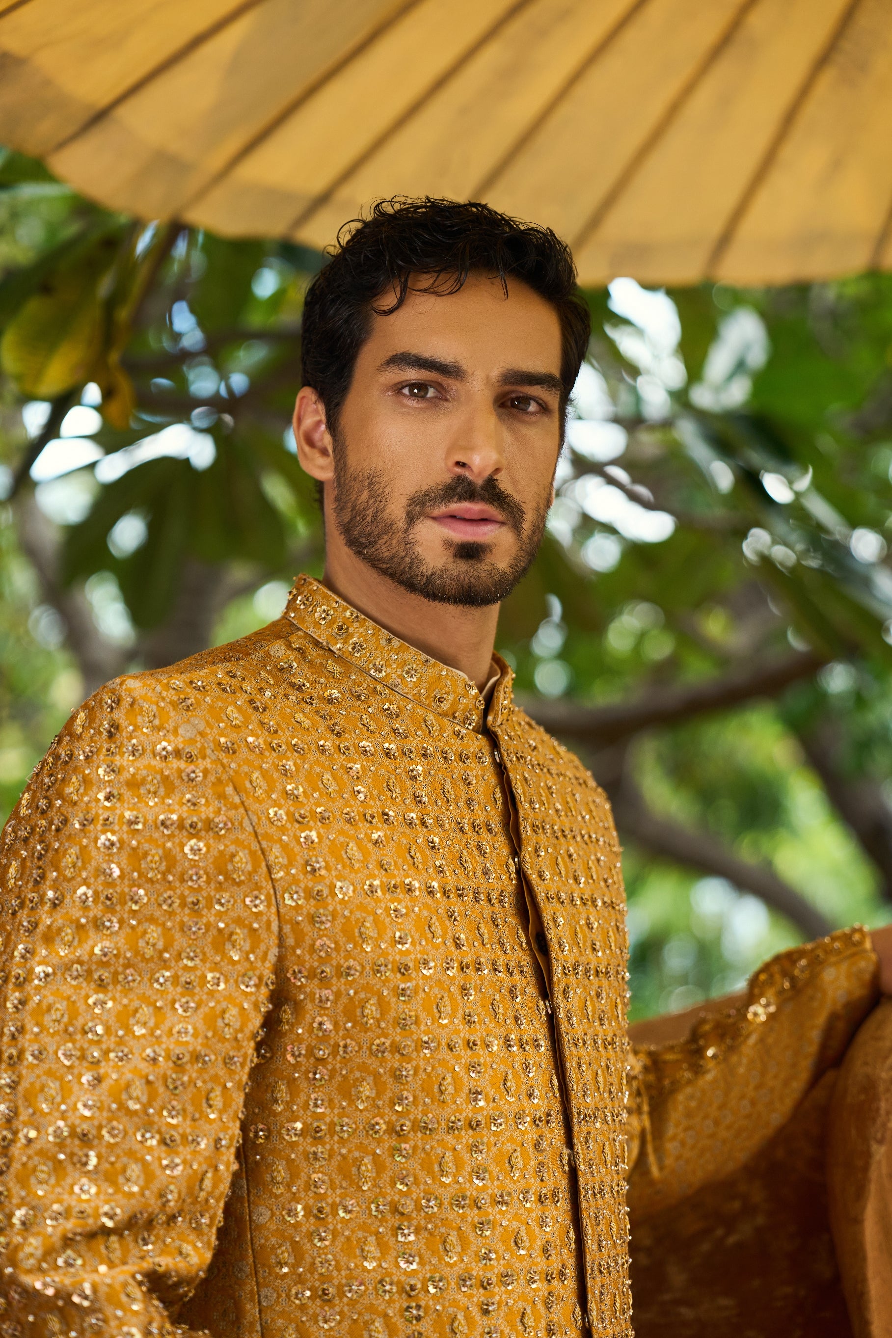 Bronze Mirage Sherwani & Clutch Ensemble Prince Coat Set