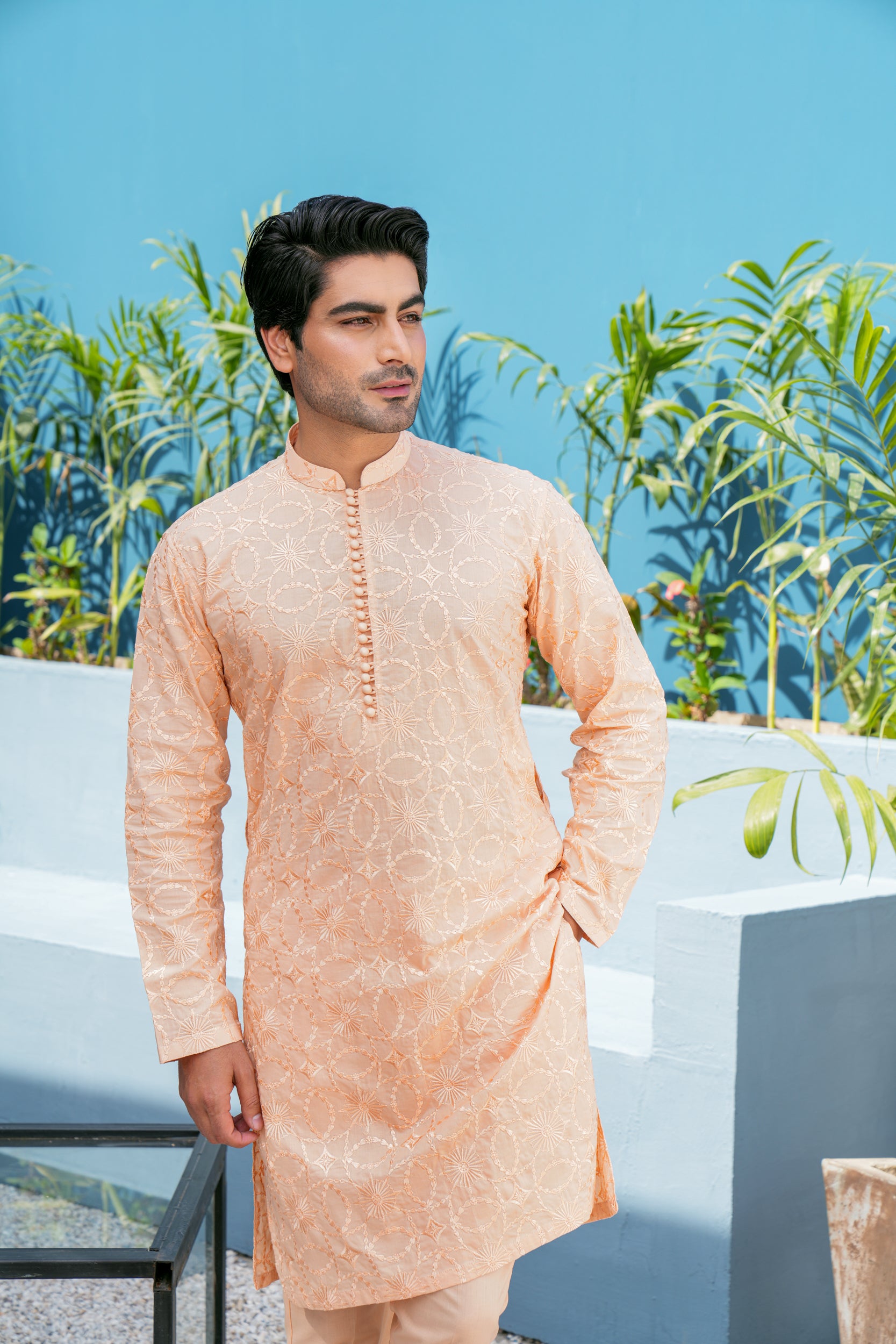 Peach Thread Work Kurta Set