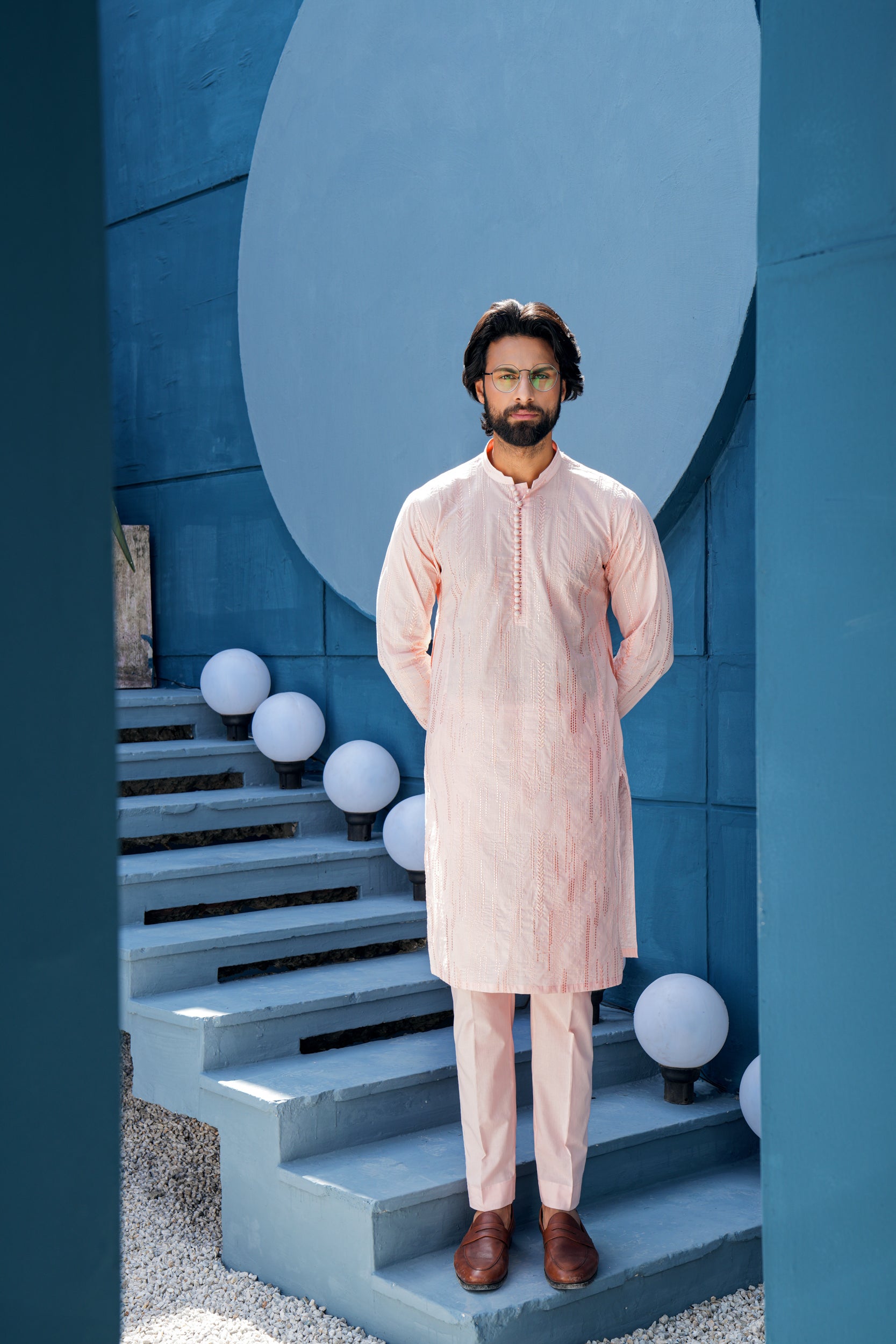 Light Rose Thread Work Kurta Set