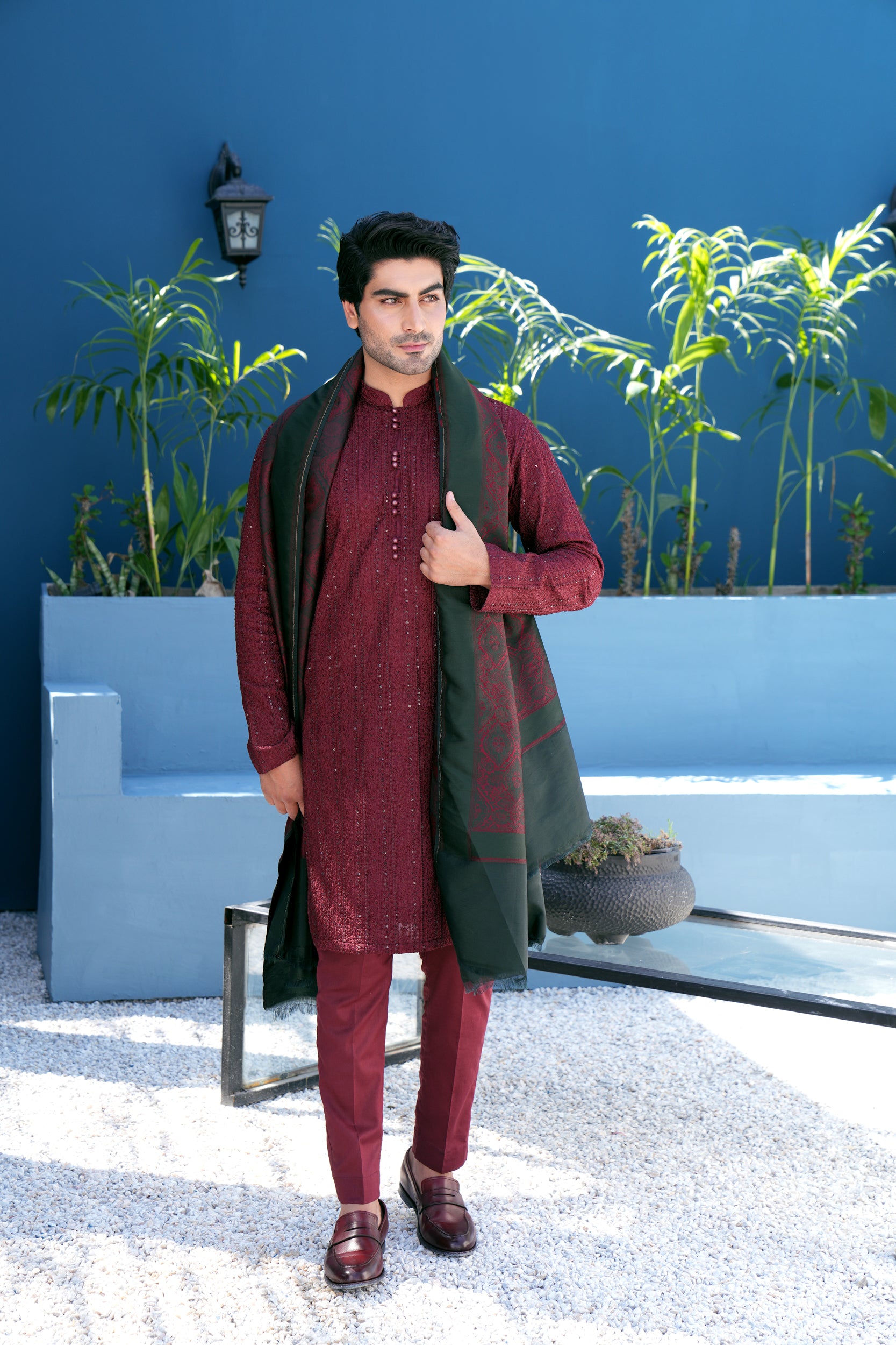 Wine Sequin Thread work Kurta Set