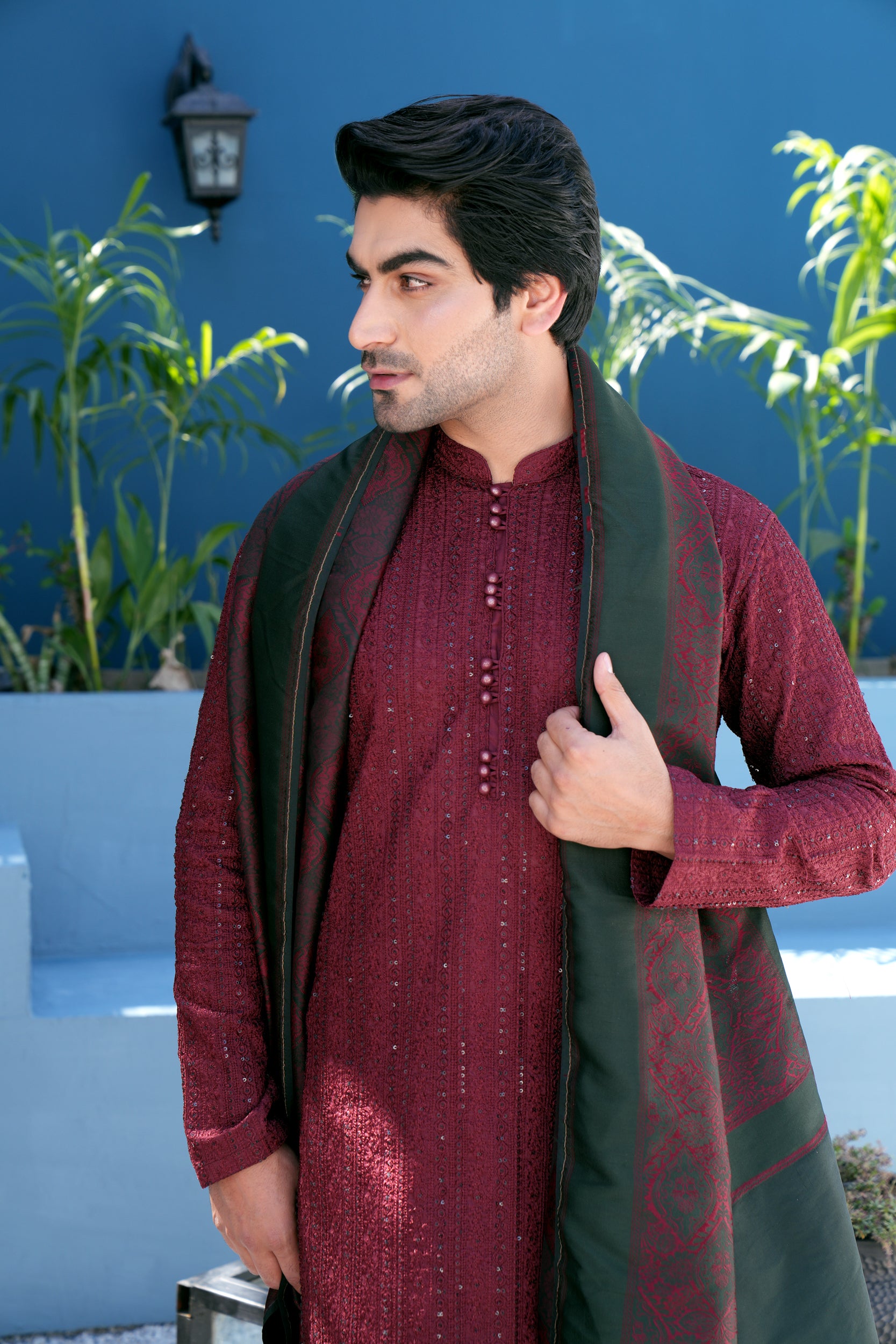 Wine Sequin Thread work Kurta Set