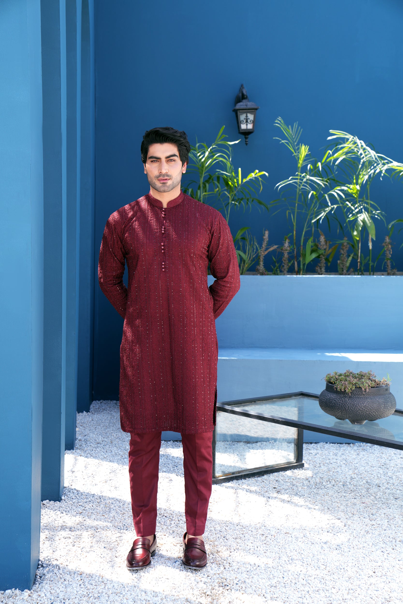 Wine Sequin Thread work Kurta Set