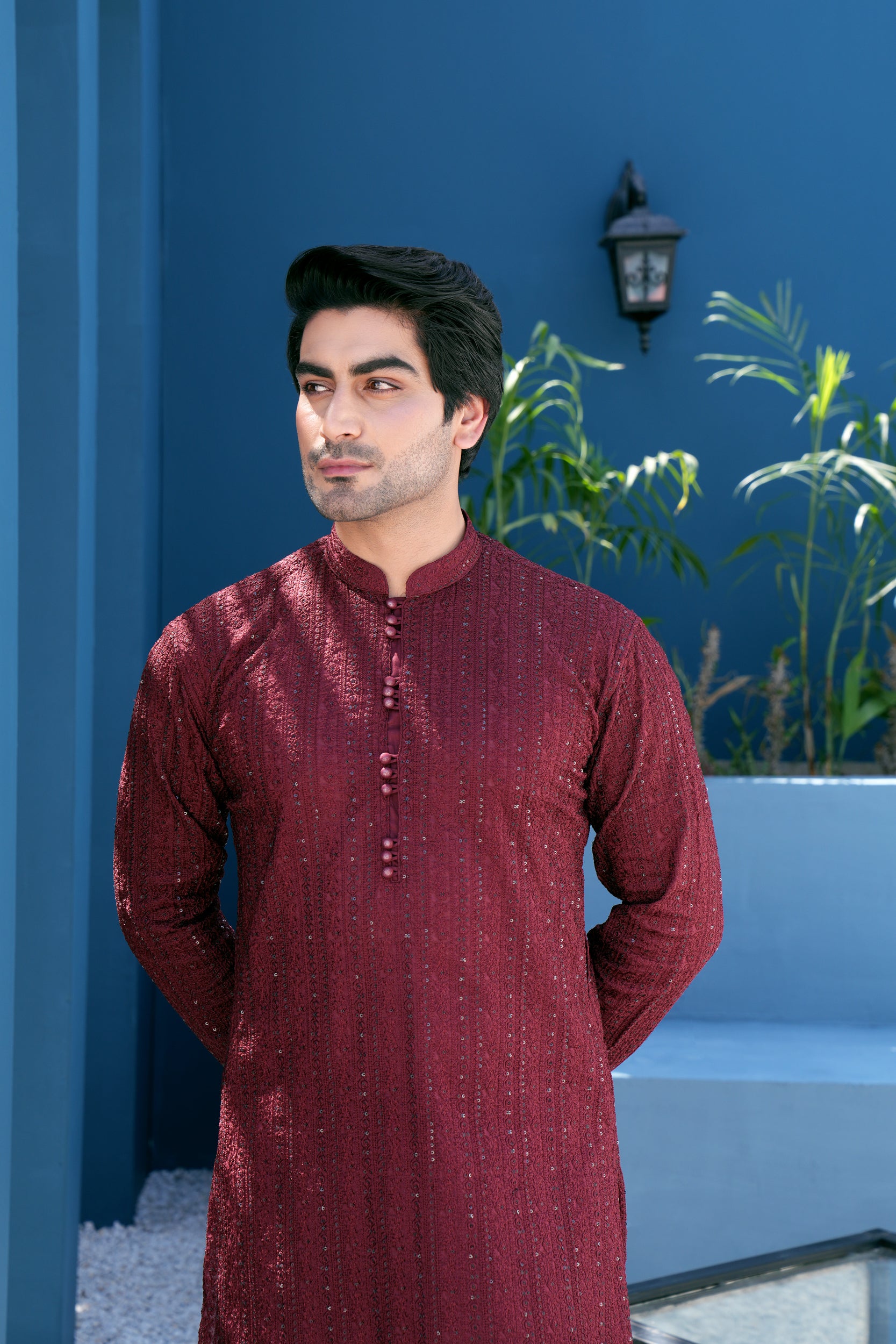 Wine Sequin Thread work Kurta Set