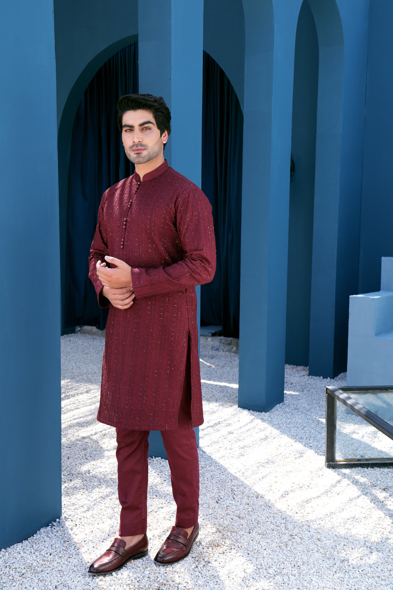 Wine Sequin Thread work Kurta Set