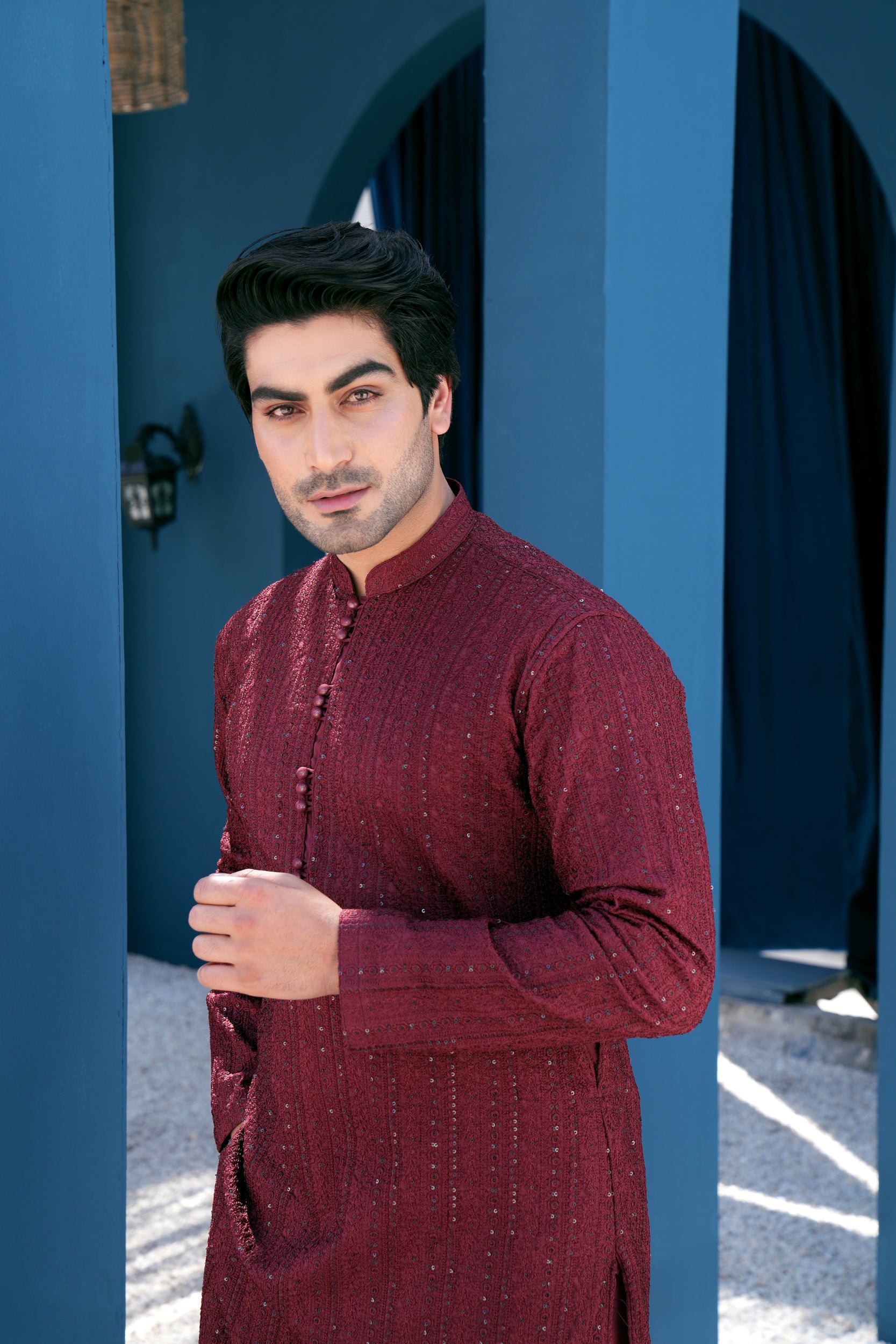 Wine Sequin Thread work Kurta Set