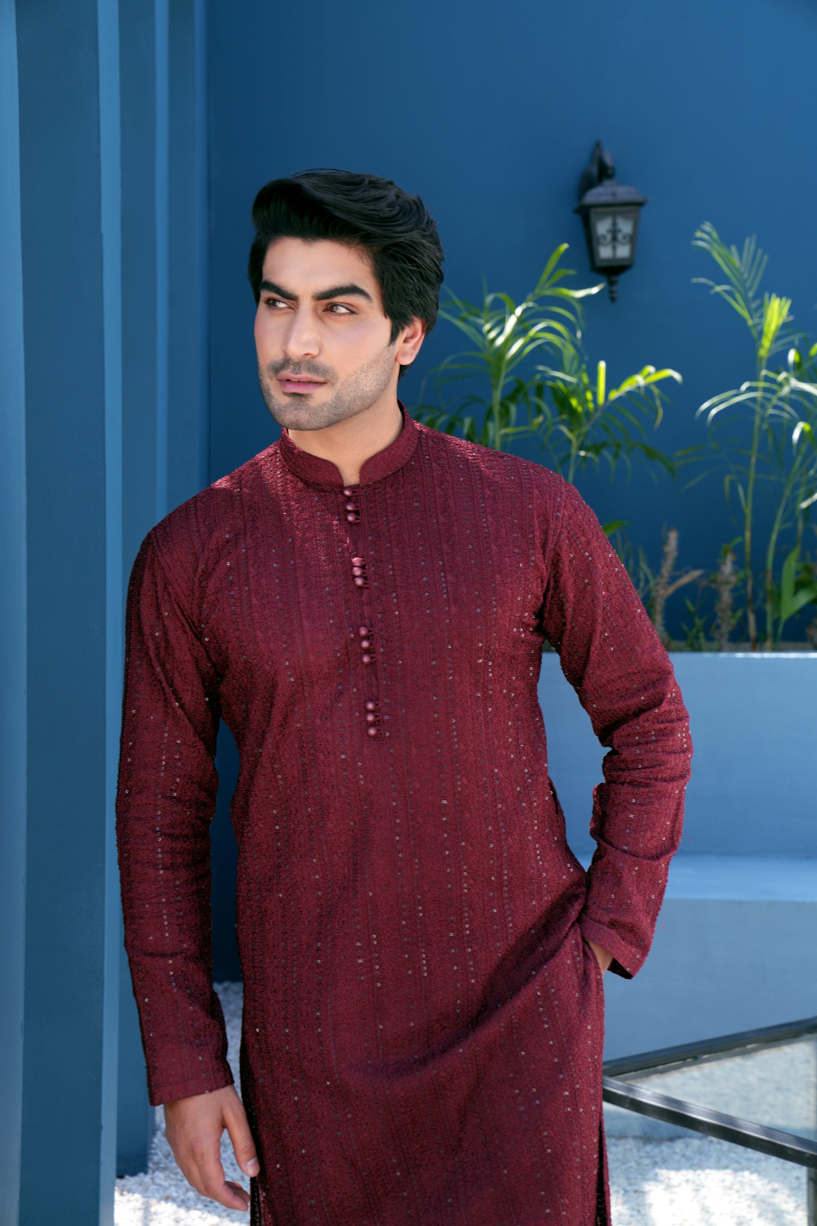 Wine Sequin Thread work Kurta Set