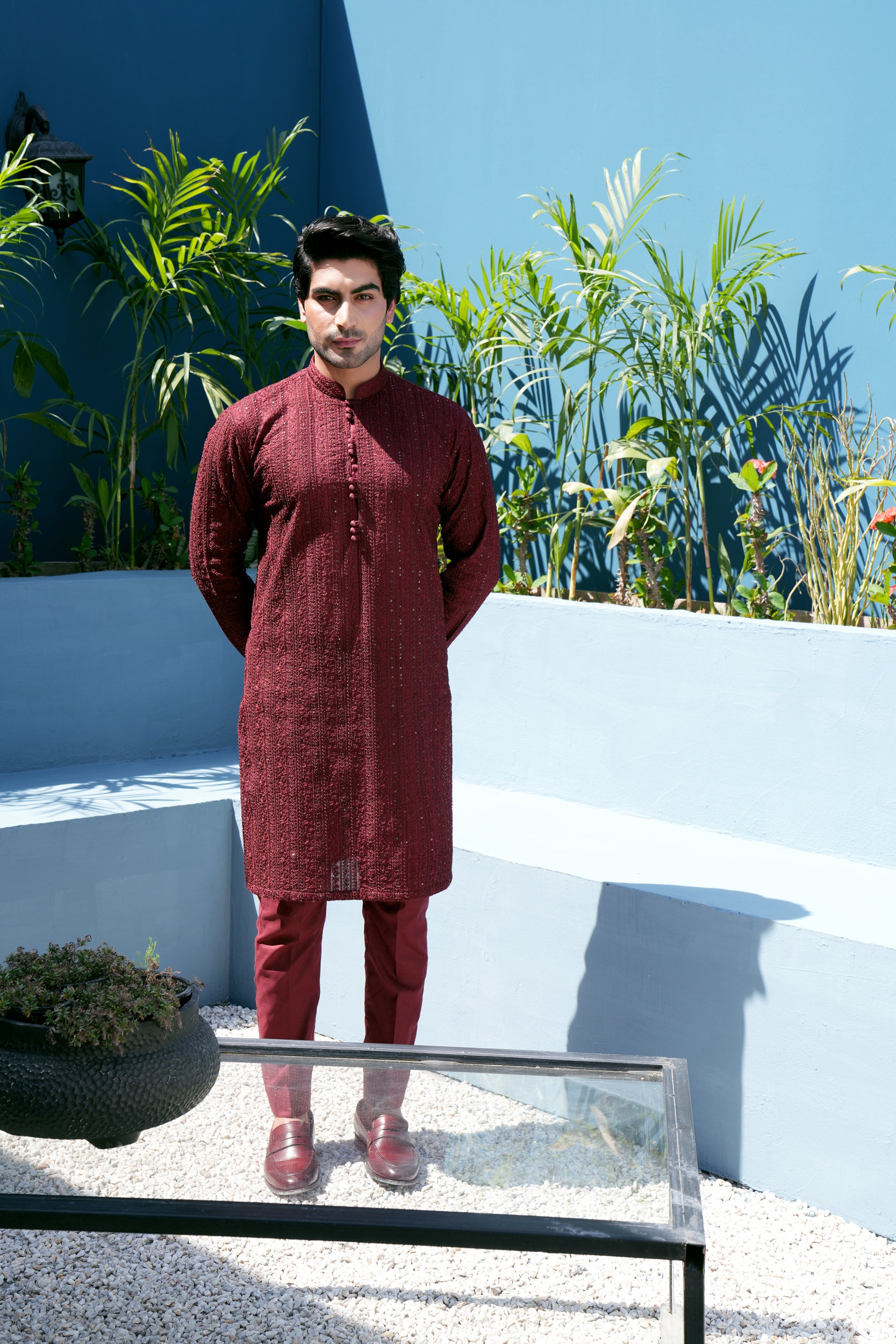 Wine Sequin Thread work Kurta Set