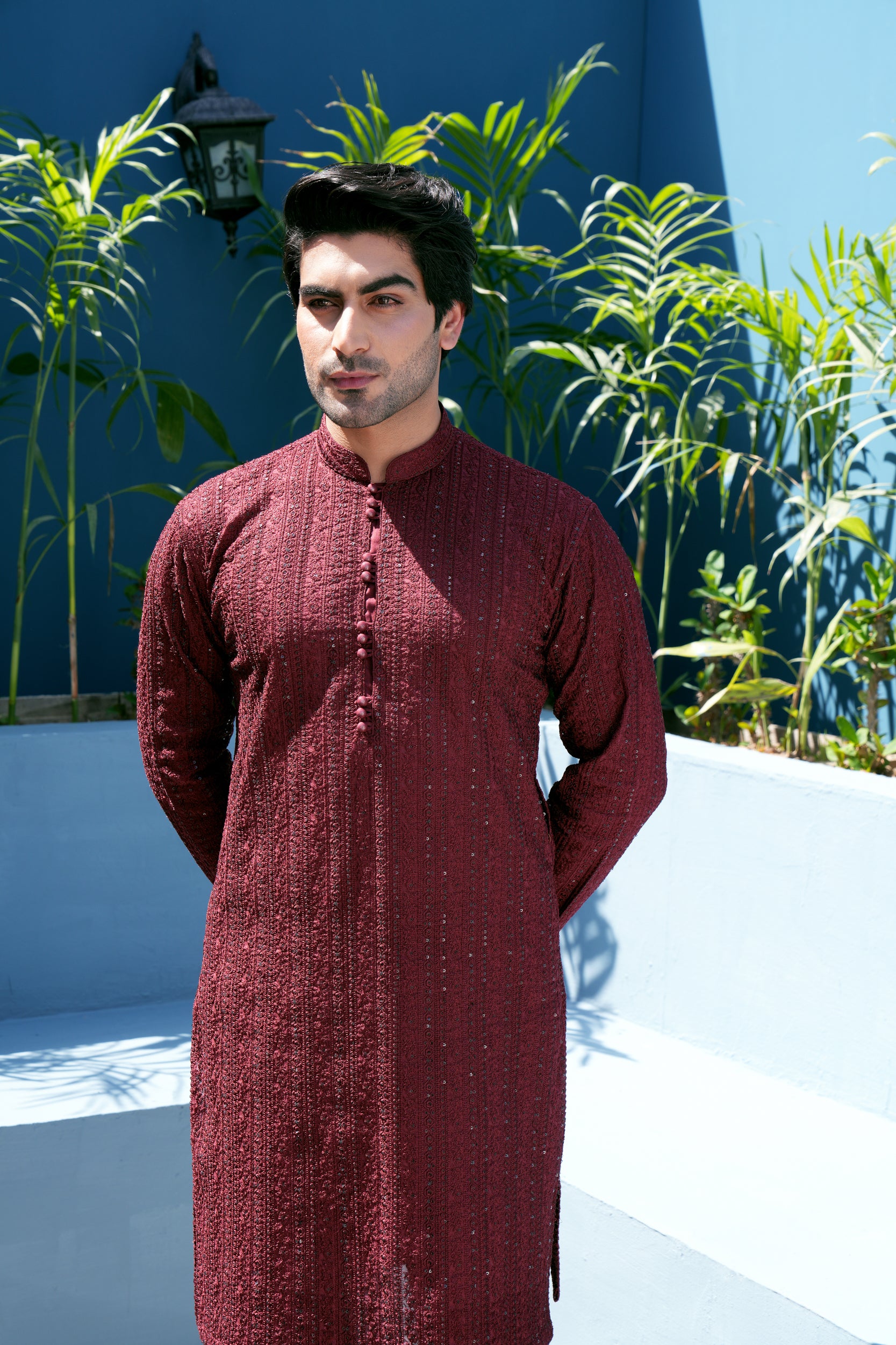 Wine Sequin Thread work Kurta Set