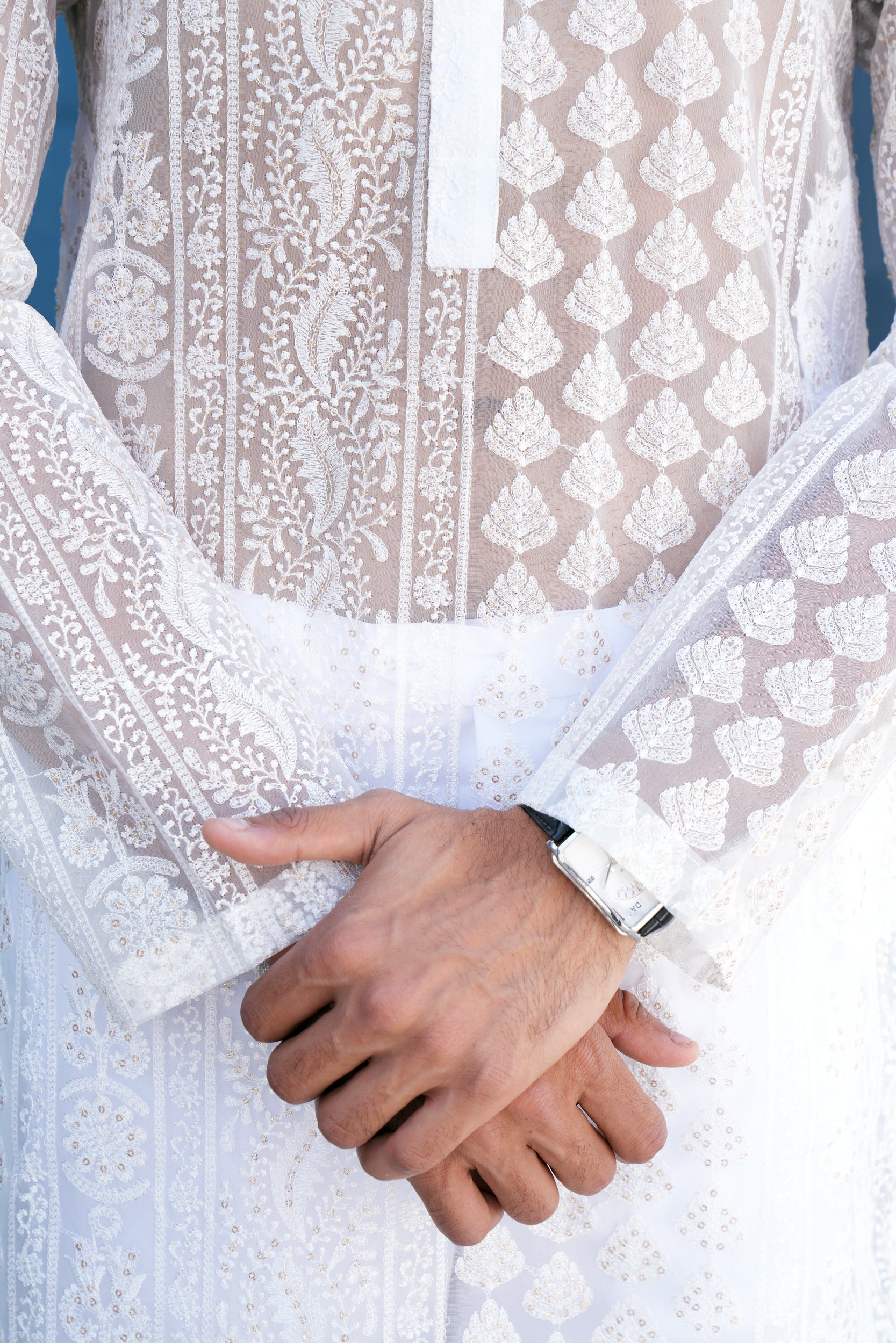 Pearl White Thread Work Kurta Set (See Through)