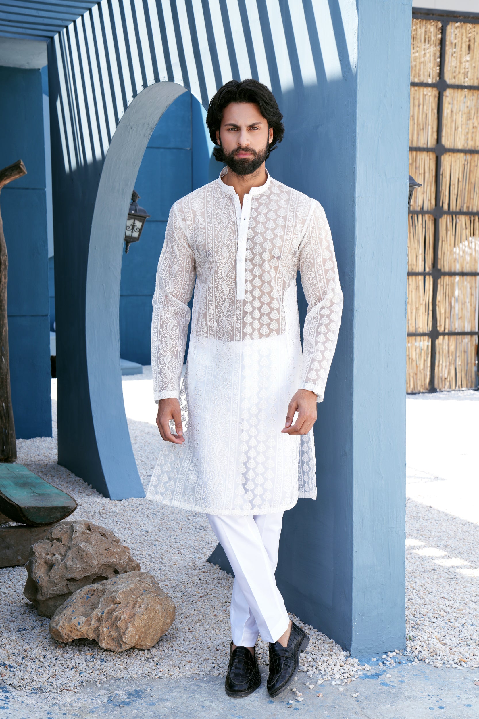 Pearl White Thread Work Kurta Set (See Through)