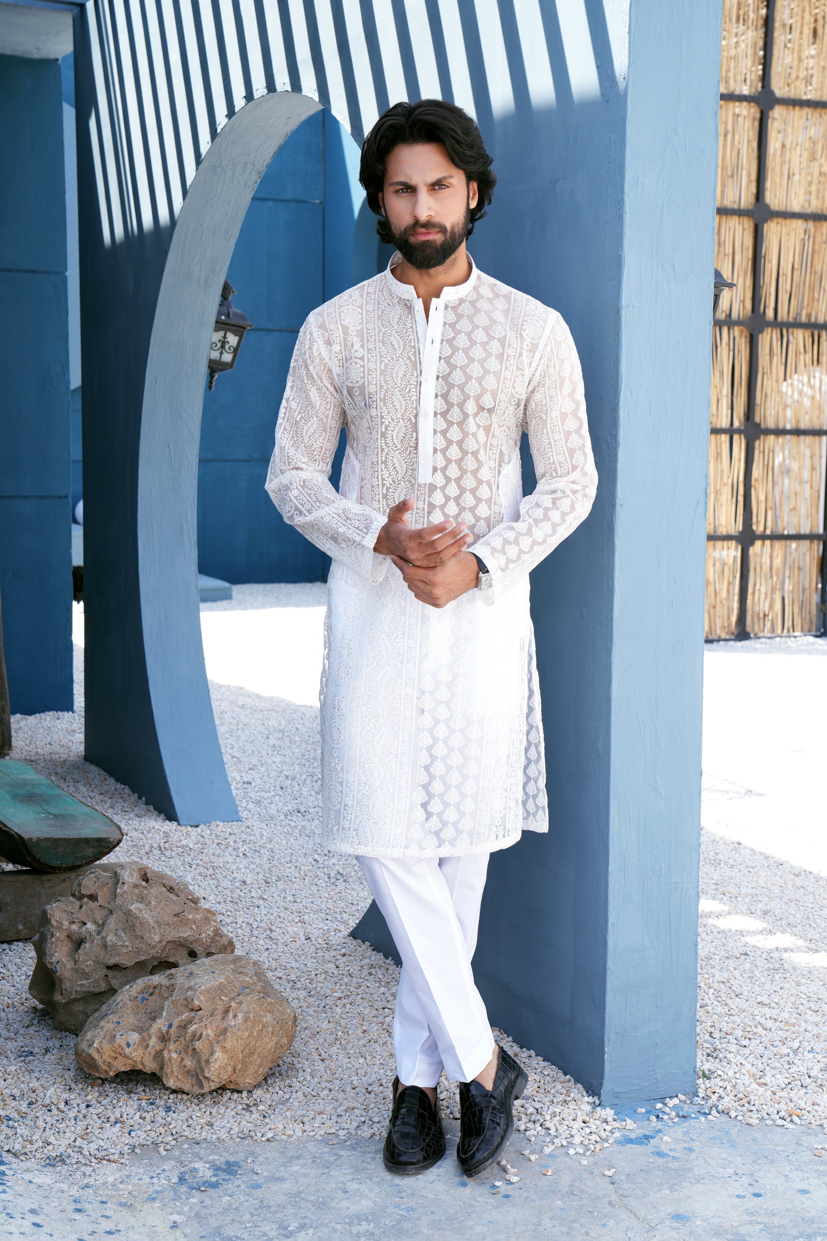 Pearl White Thread Work Kurta Set (See Through)