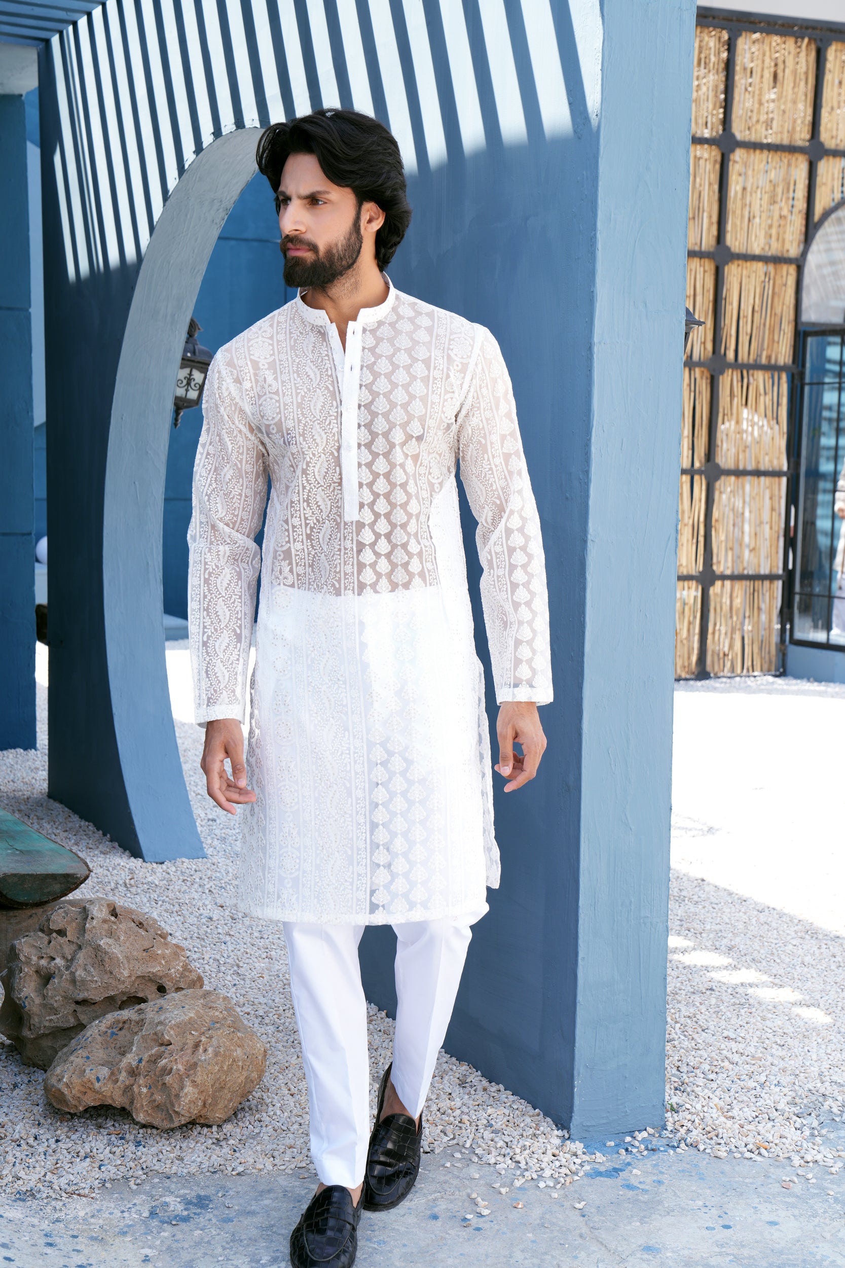 Pearl White Thread Work Kurta Set (See Through)