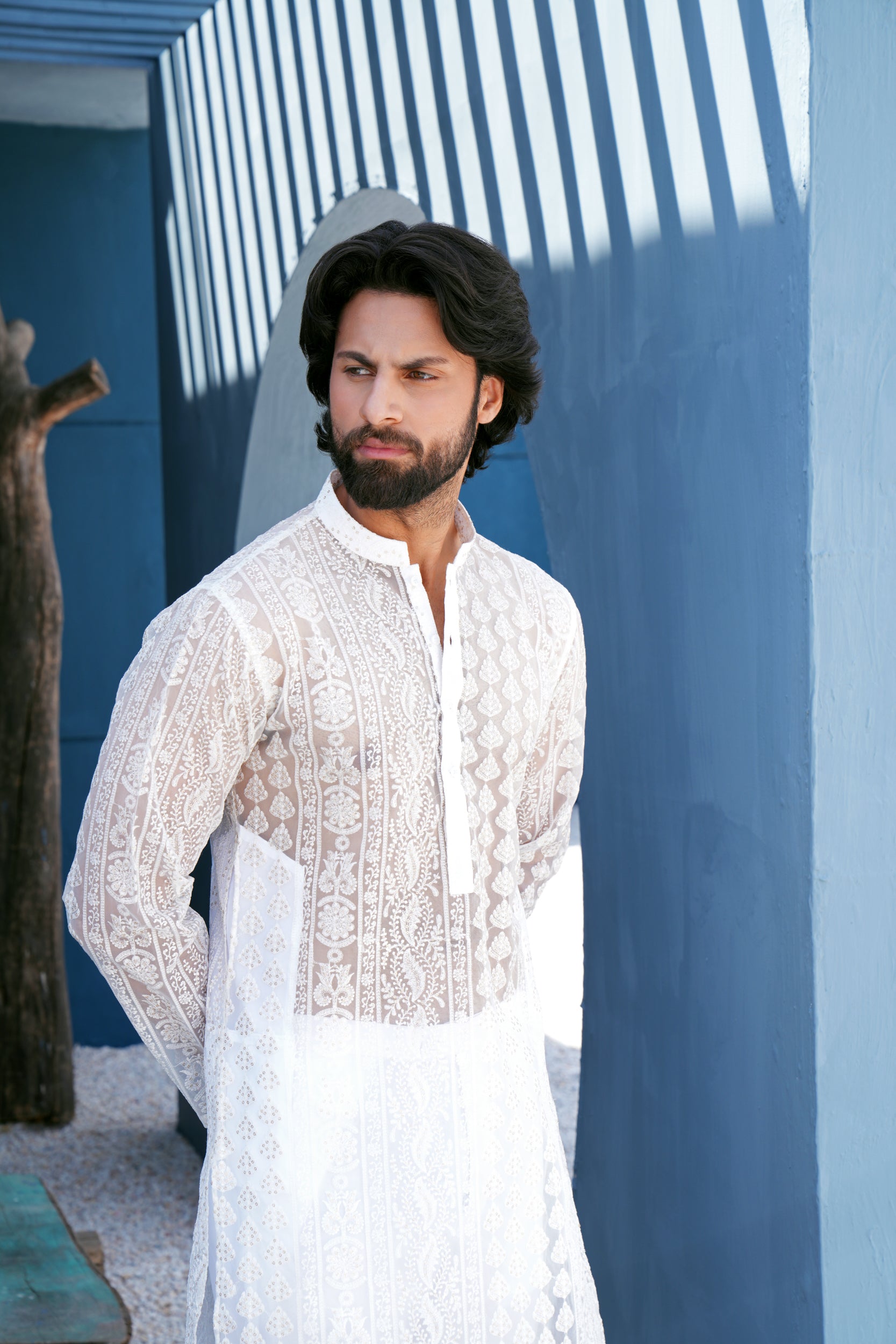 Pearl White Thread Work Kurta Set (See Through)