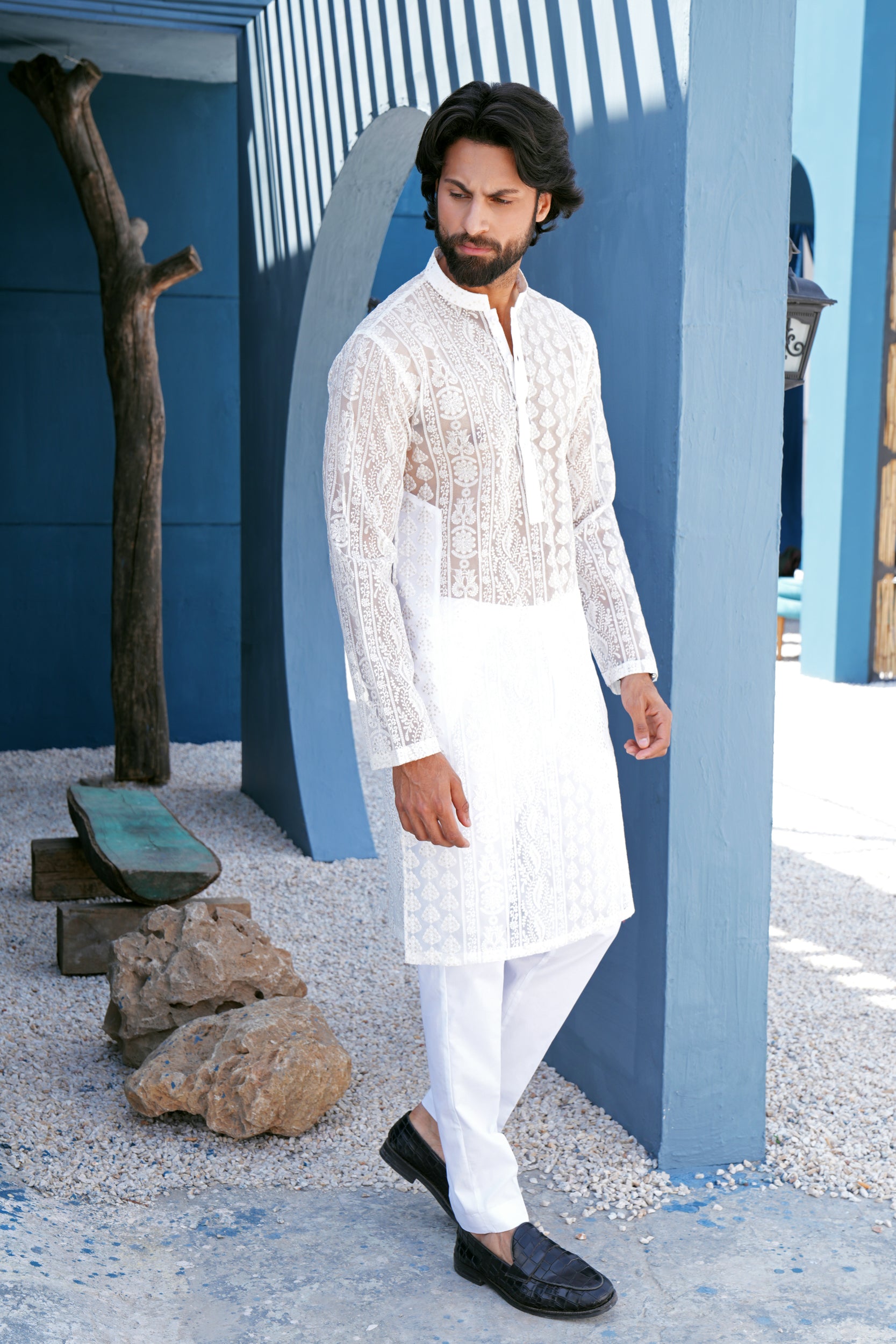 Pearl White Thread Work Kurta Set (See Through)