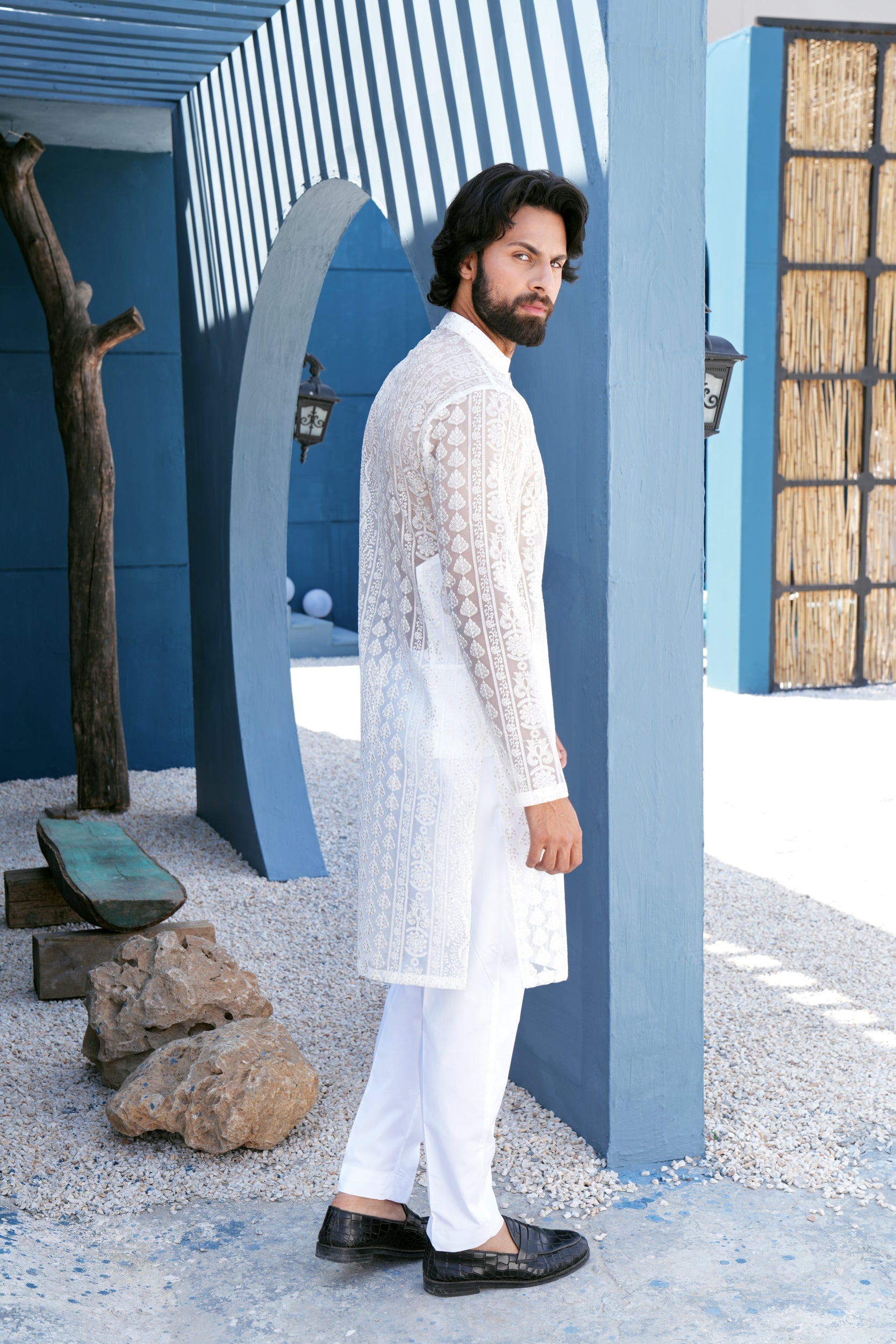 Pearl White Thread Work Kurta Set (See Through)