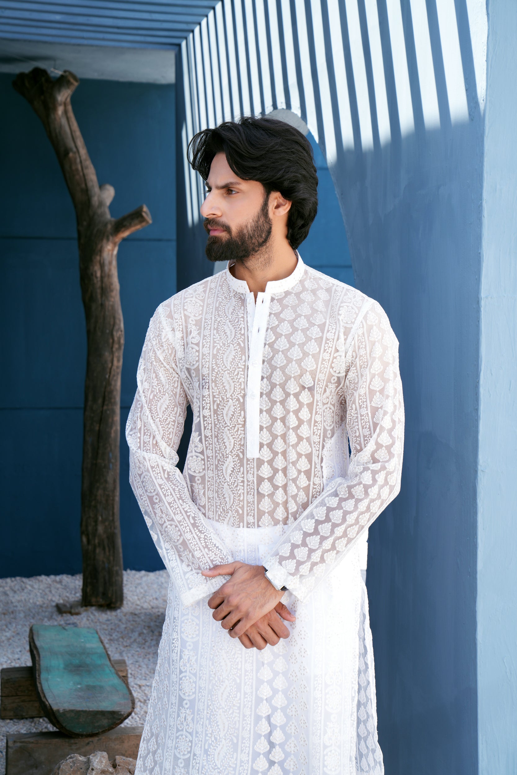 Pearl White Thread Work Kurta Set (See Through)