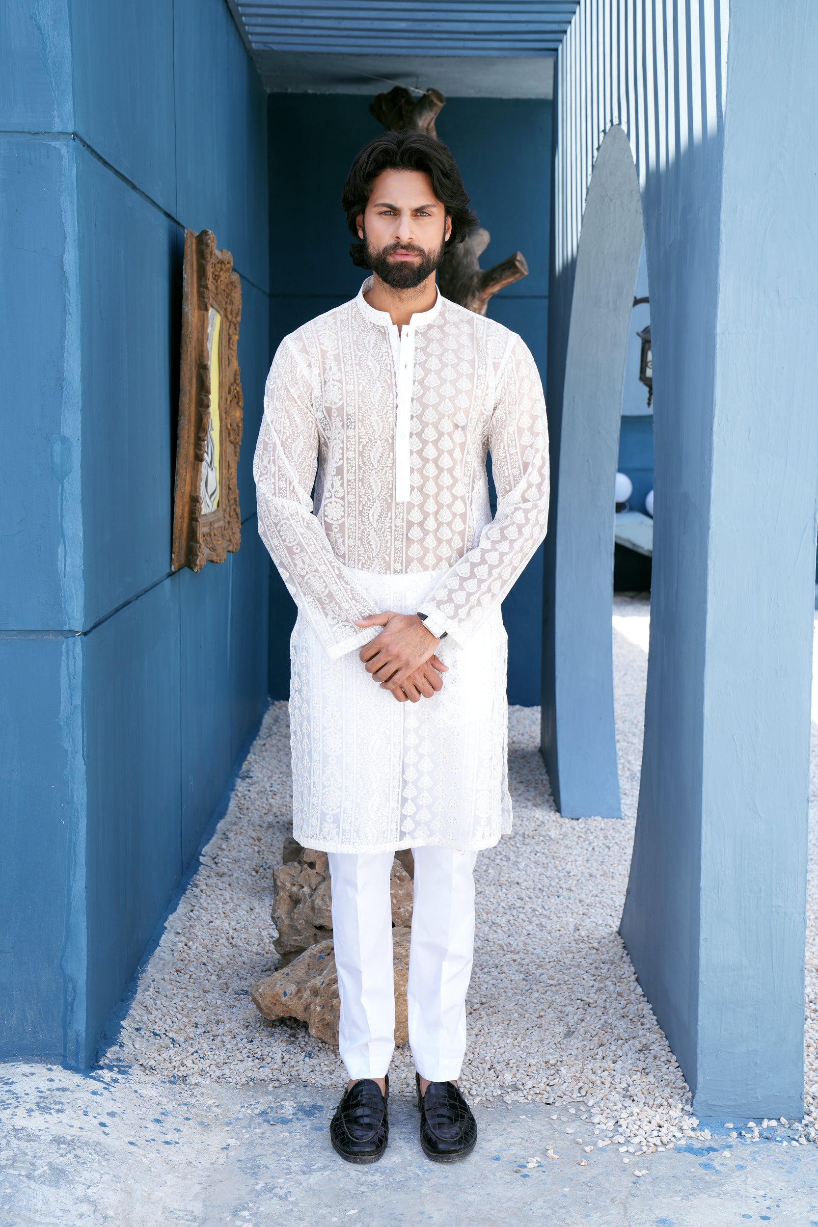 Pearl White Thread Work Kurta Set (See Through)